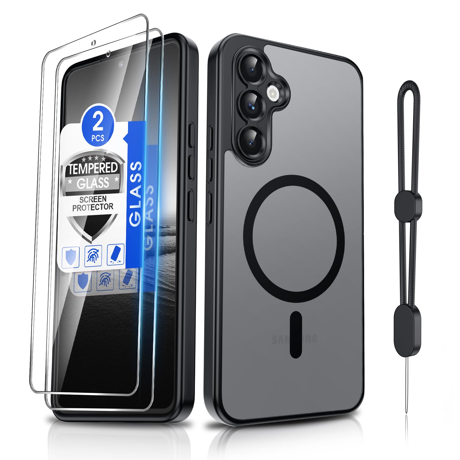 Dizn for Samsung Galaxy A54 Phone Case: with Tempered Glass Screen Protector [Compatible with MagSafe] with Strap, Matte Cover &amp; Military Grade Shockproof Protective A54, Funda para A54, Black