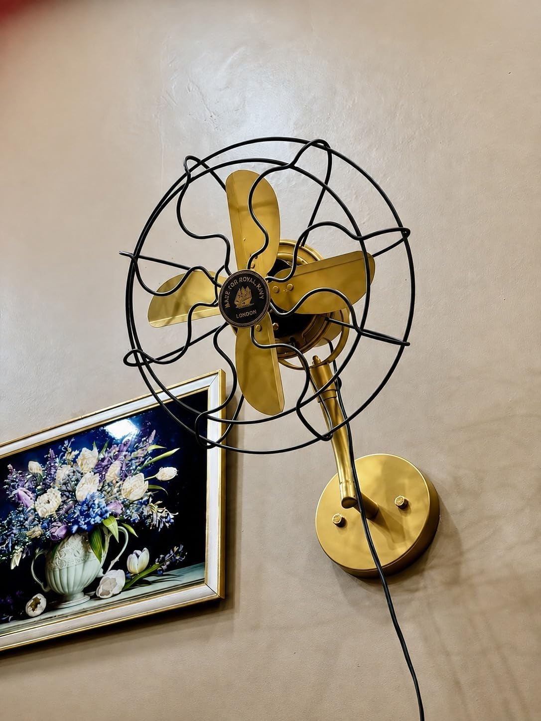 Vintage Brass Wall Fan, Royal Navy London Decorative Metal Fan | Vintage Retro Design, Wooden Tripod Stand, Metal Wire Guard, Adjustable Height, Indoor Use-image-27