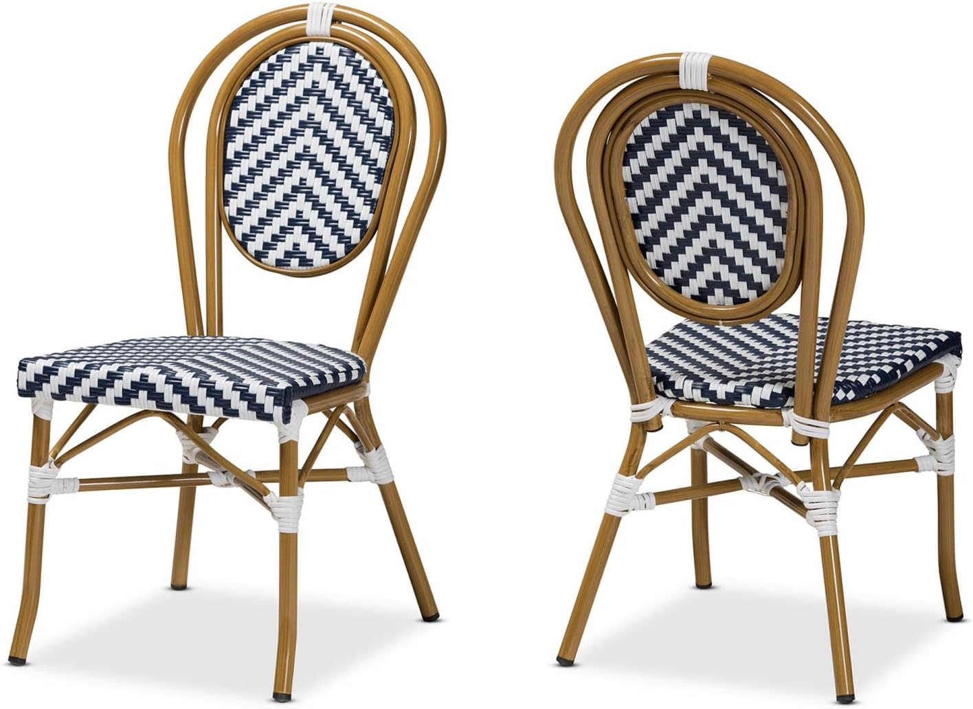 Baxton Studio Alaire Classic French Indoor and Outdoor Blue and White Bamboo Style Stackable 2-Piece Bistro Dining Chair Set