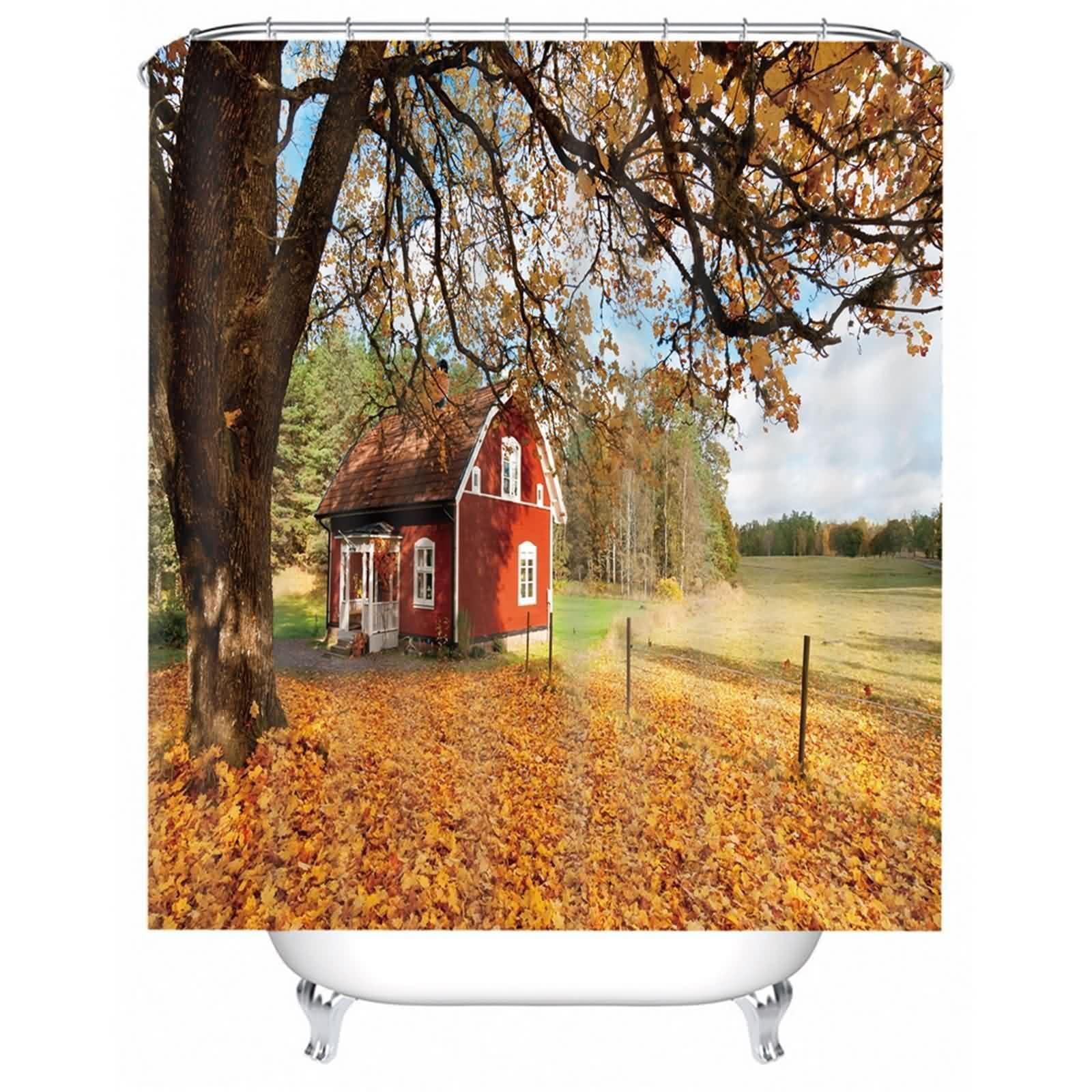Rideau de douche textile jaune arbre et maison en polyester lavable
