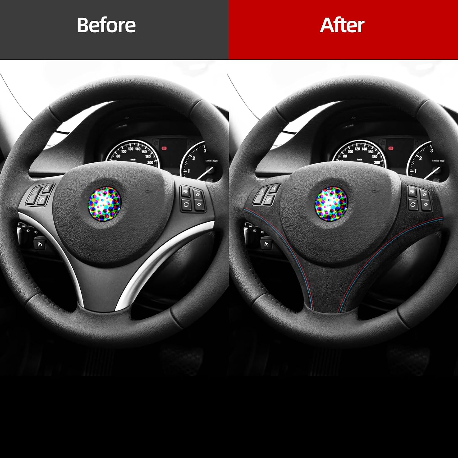 BETTERHUMZ Car Steering Wheel Decoration Frame Trim for BMW 3 Series 2005-2012 E90 E91 E92 E93 325i 320i 318i Interior Moulding Accessories (black)