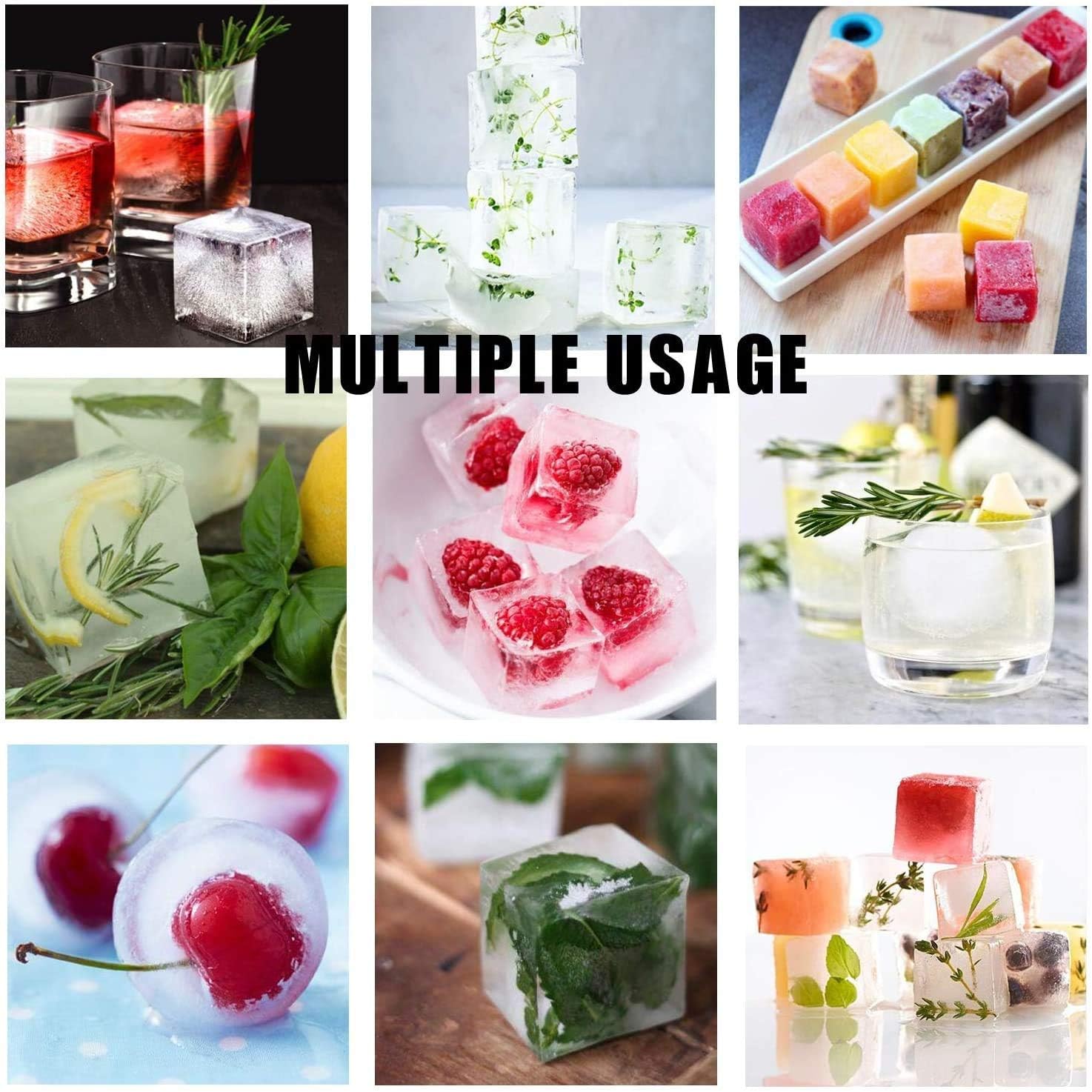 Ice Cube Trays Silicone Set of 2, Sphere Ice Ball Maker with Lid and Large Square Ice Cube Molds for Whiskey, Reusable and BPA Free