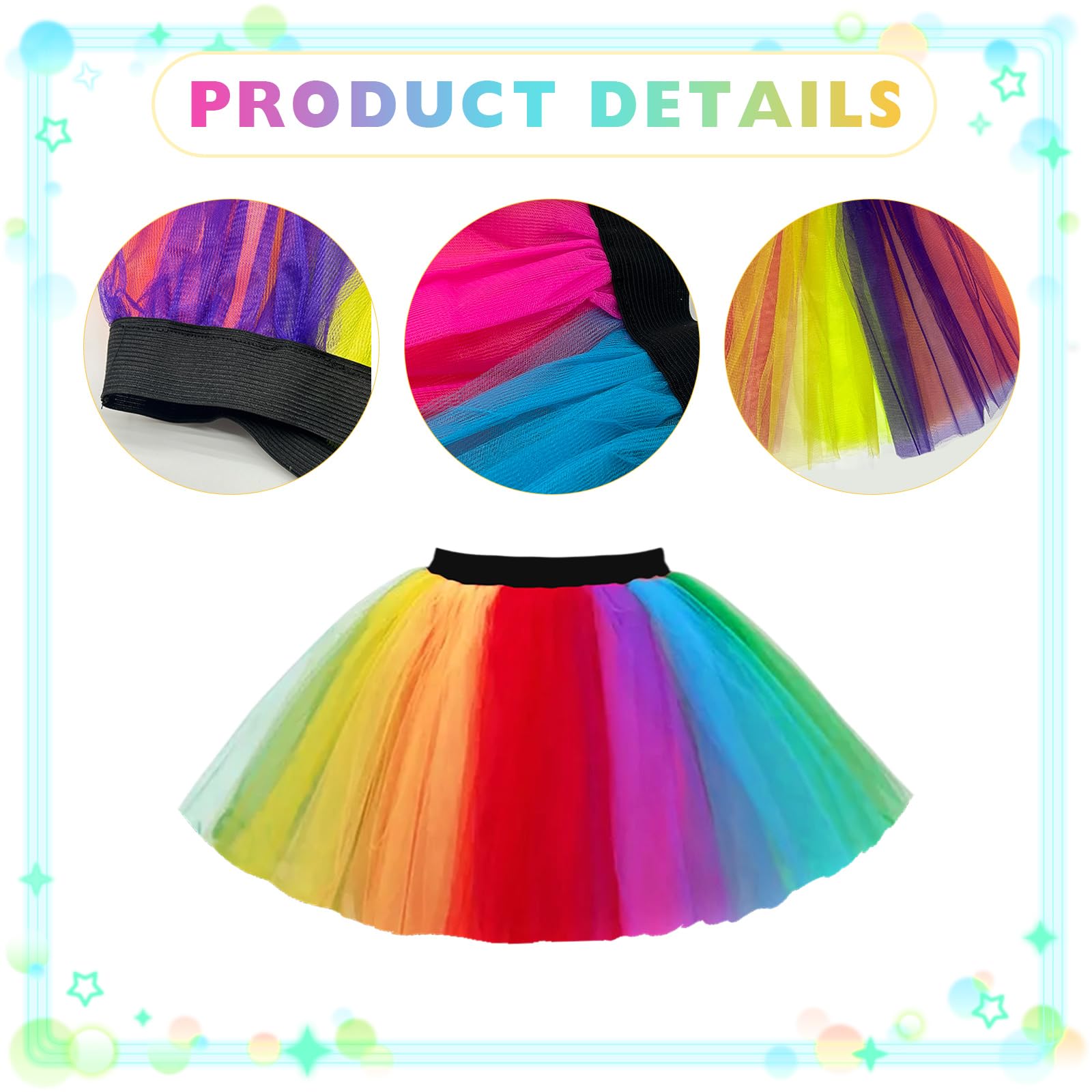 TUONYIS 2 Pieces Tutu Skirt,Ladies Neon Tutu Skirt Fancy Dress,Neon Rainbow Tutu,80s Fancy Dress Dance Skirt for Girls Women 80s Party Outfit - Image 3