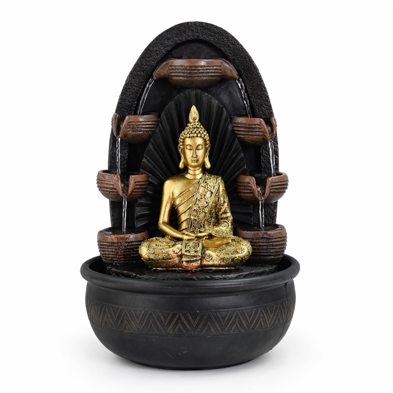 Fontaine d’Intérieur Mur d’Eau Cascade Jarre Statue Bouddha Amovible Lumière LED Coloré, Grand Décoration de Table Bureau Salon, Fontaine Porte-Bonheur au Circuit fermé, H 40cm - Chakra Zen’Light