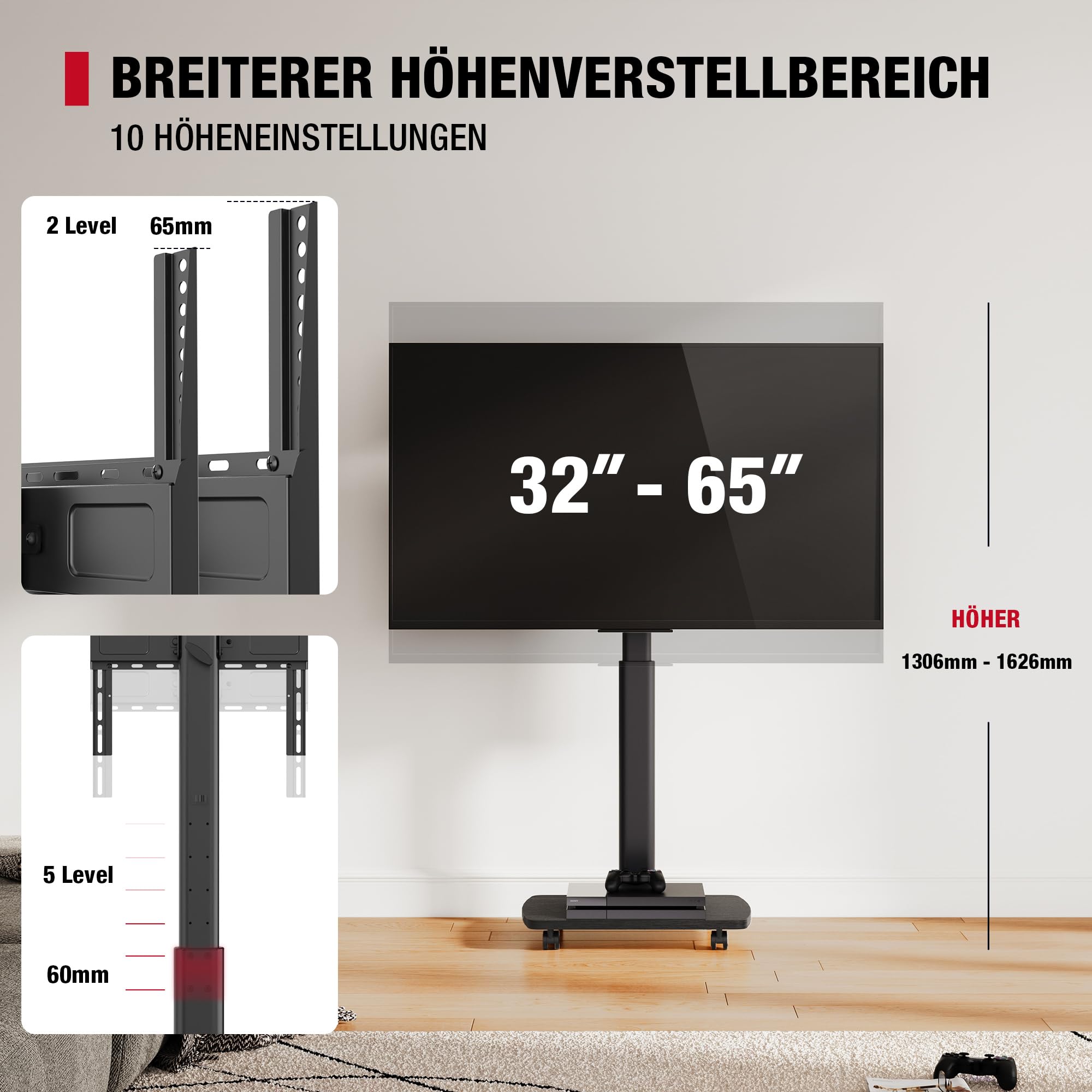 AOKCOS TV Ständer Rollbar mit Holzregal, Fernsehständer mit Rollen für 32-65 Zoll Flach & Curved Fernseher bis 35kg, TV Bodenständer 90°Rotierbar Höhenverstellbar, Max.VESA 400x400mm (Schwarz)