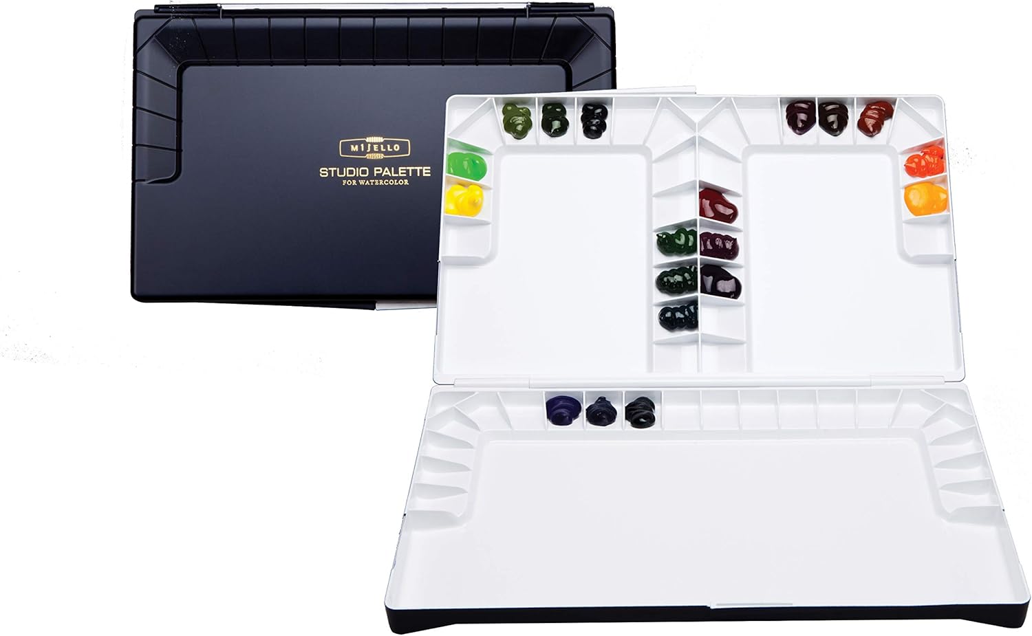 Mijello Studio Watercolor Palette, 55 Paint Wells, Blue, Foam Dauber Included, 14.4" X 1.5" X 9.13", 1