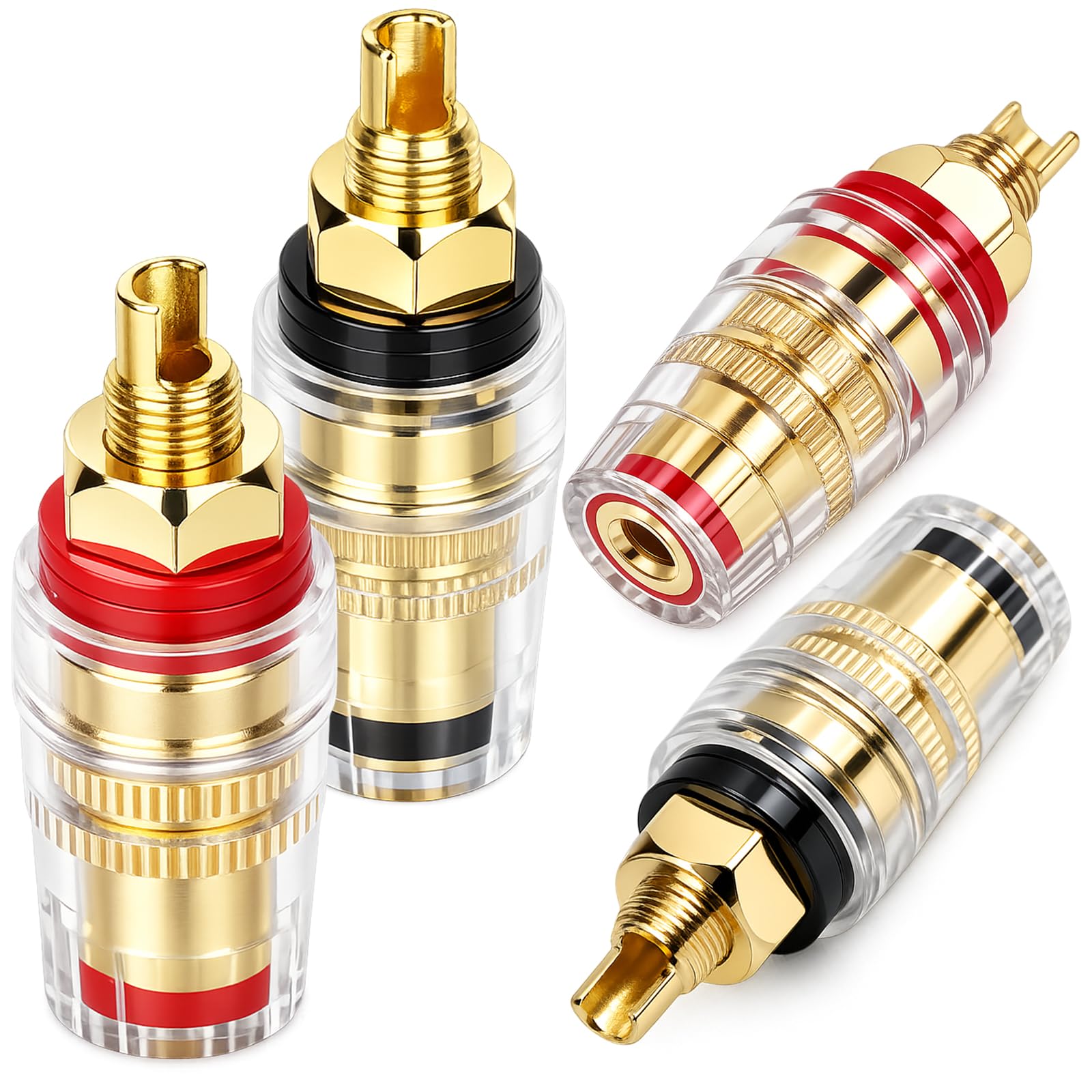 CLYXGS Crystal Binding Posts, 4mm Banana Jack Socket, Full Copper Gold-Plated M8 Terminal Connectors, Transparent Insulated Binding Post for Speaker Amplifier Audio DIY, Red & Black 4PCS