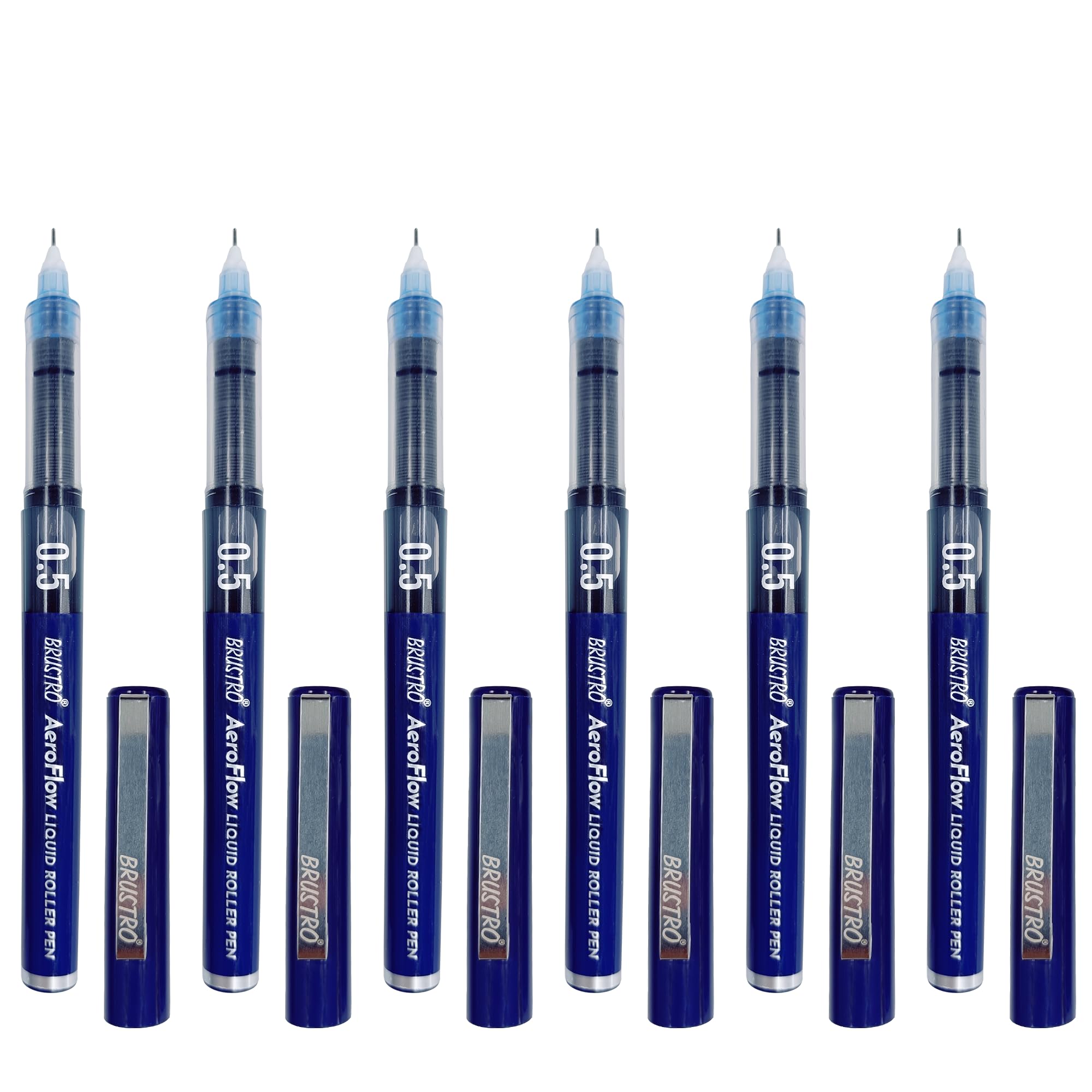 BRUSTRO AeroFlow Tintenroller mit Flüssigtinte, Blau, 0,5 mm, Mikrospitze, ideal für Studenten, Profis, Büro, Prüfung, präzises glattes Schreiben, lichtbeständig, 6 Stück