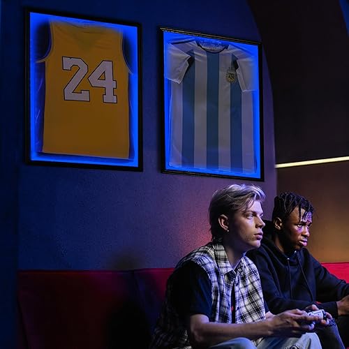 Miniatura 2 de OEERDER Vitrina con marco de jersey con luces, caja de sombra grande con cerradura LED, marco de jersey deportivo montado en la pared con colgador