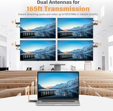 جهاز إرسال Hdmi لاسلكي و3 أجهزة استقبال، يدعم ما يصل إلى 6 أجهزة استقبال، وموسع Welusopu Hdmi اللاسلكي 5.8 جيجا بايت لبث المحتوى لكاميرا الكمبيوتر المحمول وصندوق الكابل إلى أجهزة تلفزيون متعددة وشاشات وأجهزة عرض -165 قدمًا