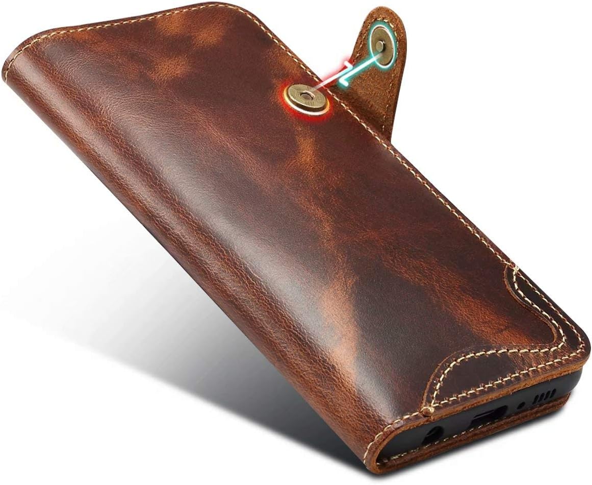 Genuine Leather Wallet Case for Samsung Galaxy S10 Plus,Classic Oil Wax Pattern Real Leather Button Card Slot Flip Stand Case Cover with Lanyard Brown