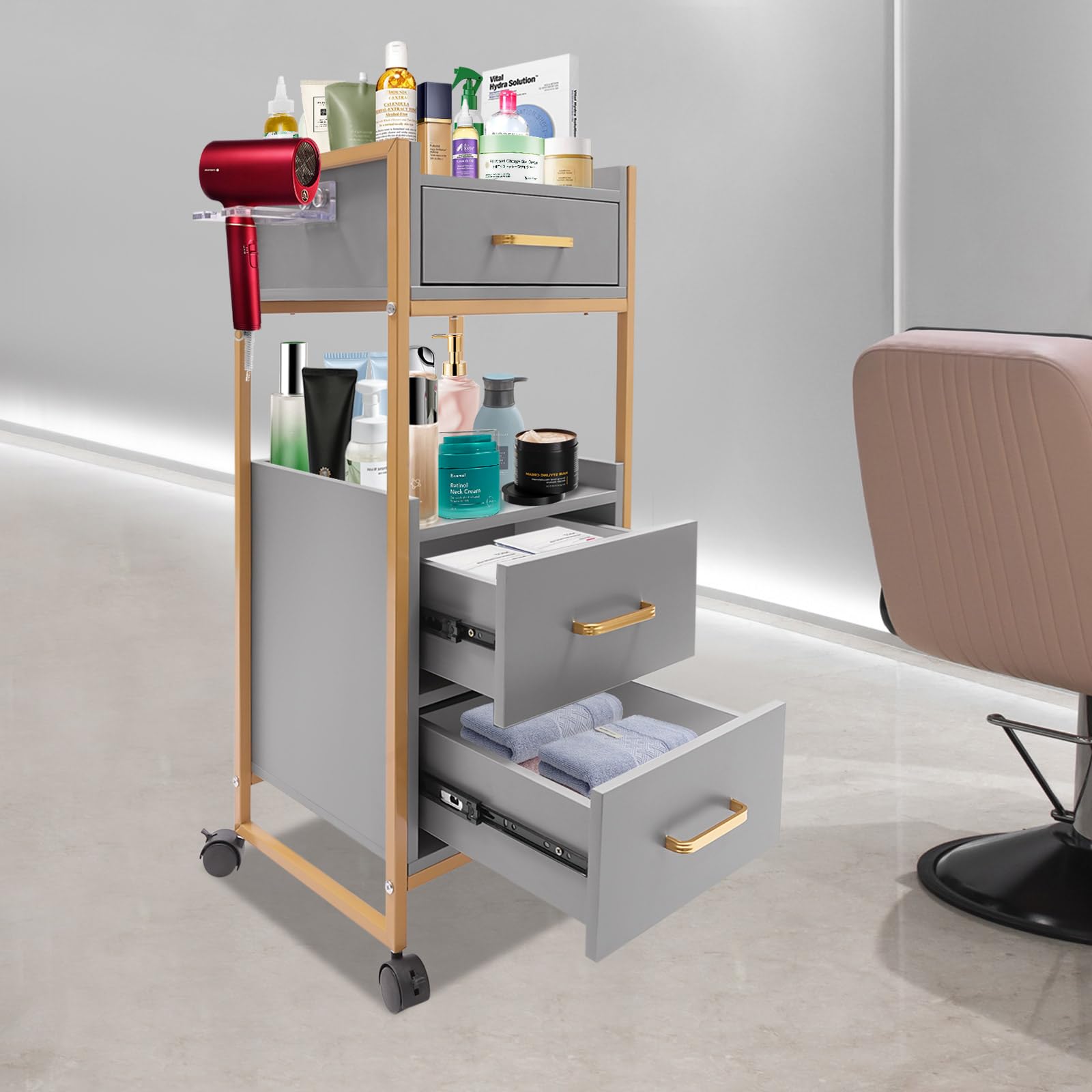 Carrito de cosméticos con ruedas, 3 cajones y soporte para secador, carrito auxiliar con armario, carrito de trabajo moderno para baño y sala de estar (Gris)