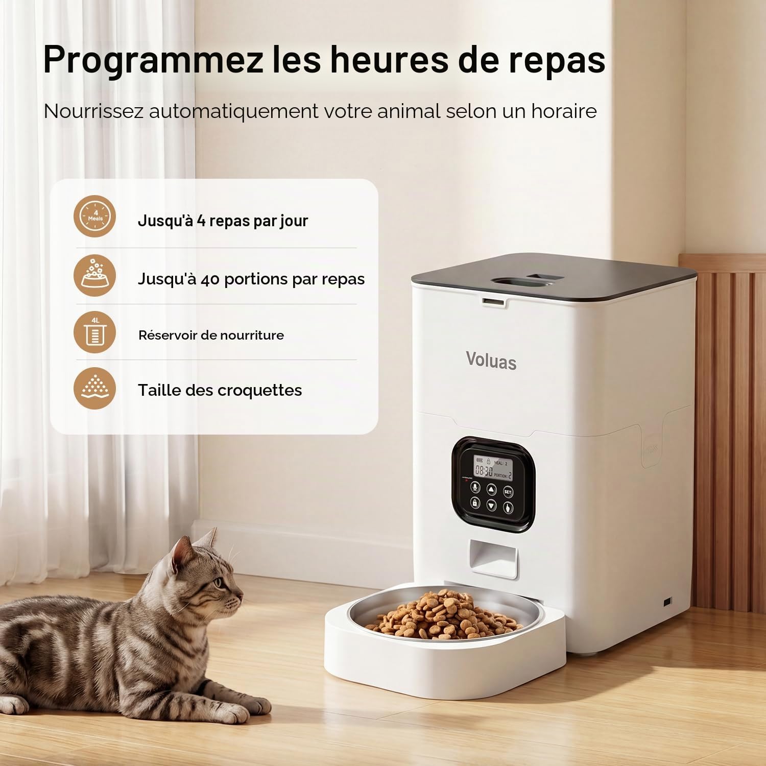 VOLUAS Distributeur Automatique Nourriture Chats et Chiens, Nourriture Sèche avec Sac Désiccant, Programmable, Contrôle Portion 4 Repas/Jour.