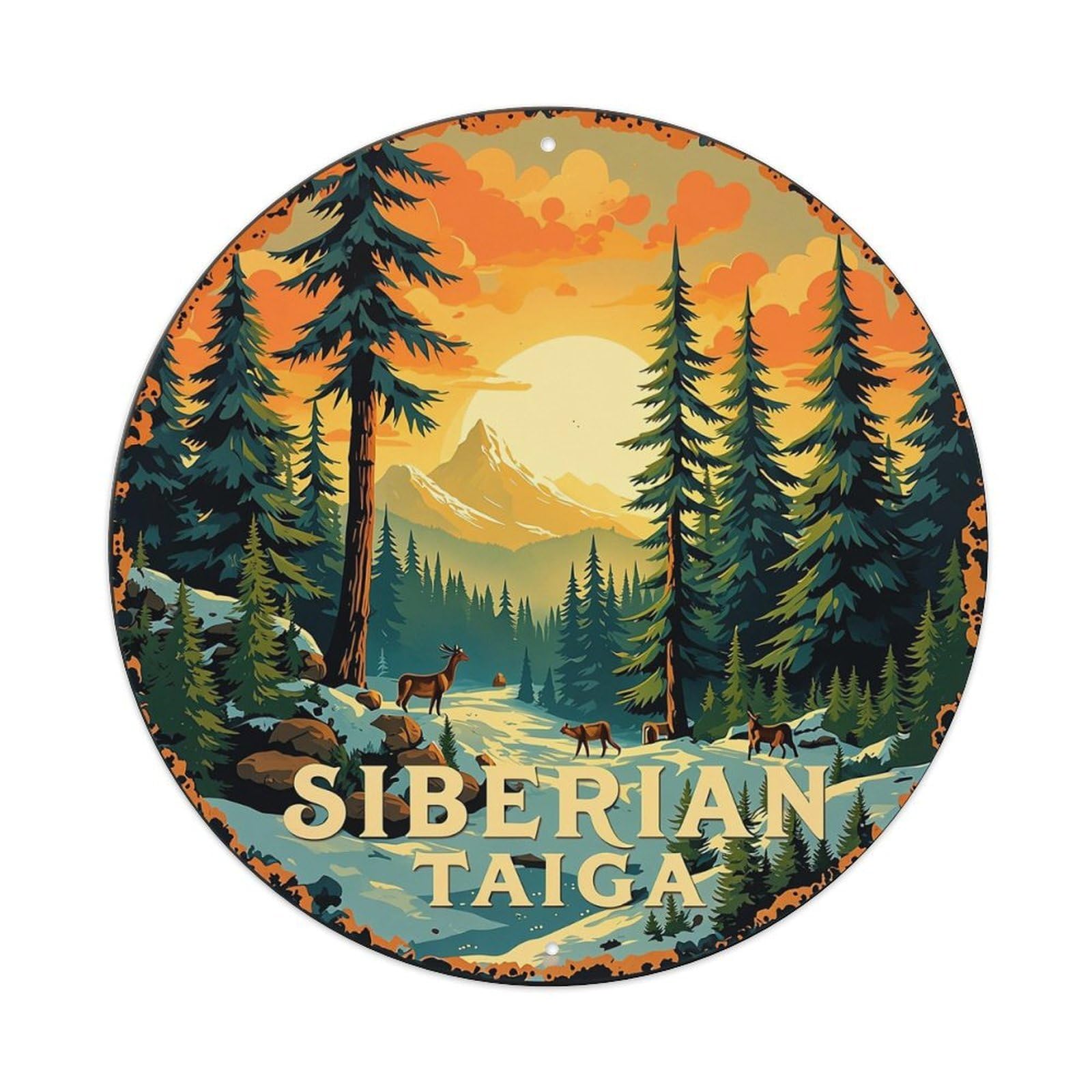 Siberian Taiga Forest Landscape Wildlife Retro Metal Sign Round Tin Sign, Vintage Decor Art Poster for Bar, Home, Man Cave, Kitchen, Laundry Room Gift 8x8Inch