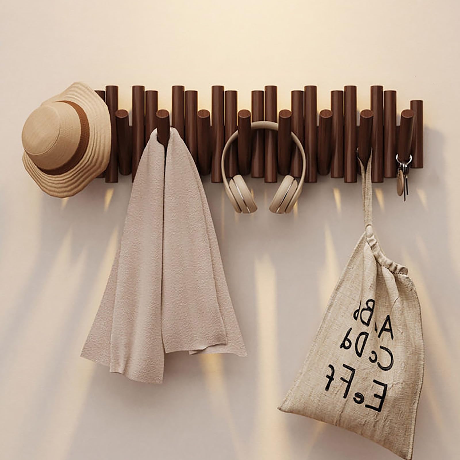 JS Space Wooden Wall Mounted Coat Rack with Hidden Flip Down Hooks, Modern Wood Coat Hooks Wall Mounted for Entryway, Bedroom, Bathroom, Hallway Walnut 9-Hook