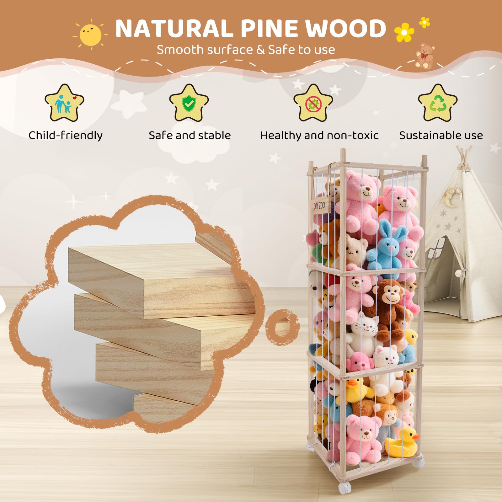 Sunowl Organizador Peluches,Organizador Juguetes Infantil de Peluches,Guarda Peluches con Reudas a 360°y Frenos, Portaositos de Peluche para Habitaciones Infantiles, Salas de Juegos