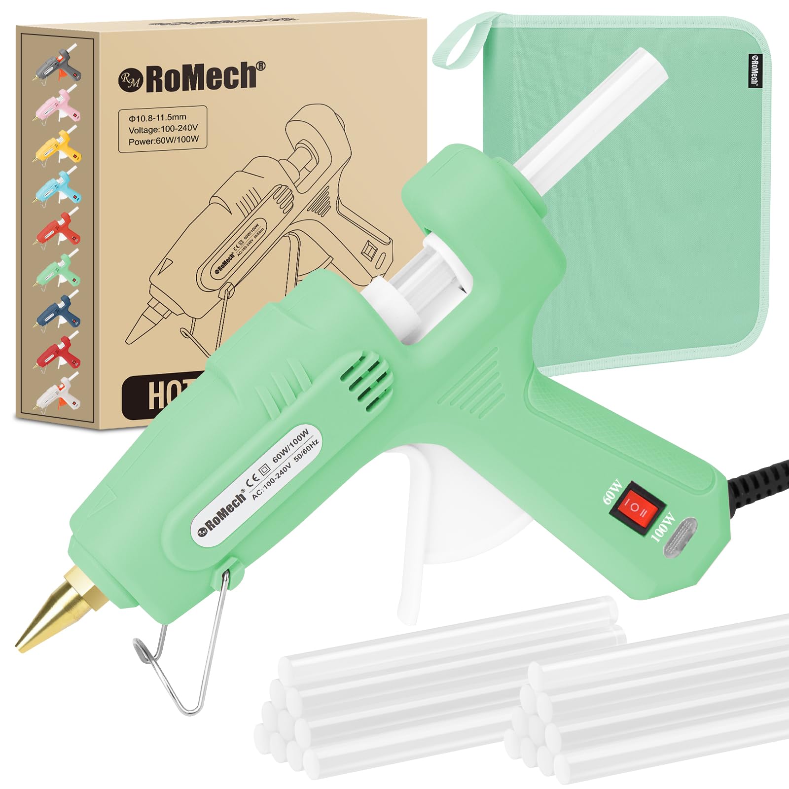 ROMECH 60/100W Dual Temp Hot Glue Gun and Sticks Set, Full Size with Case