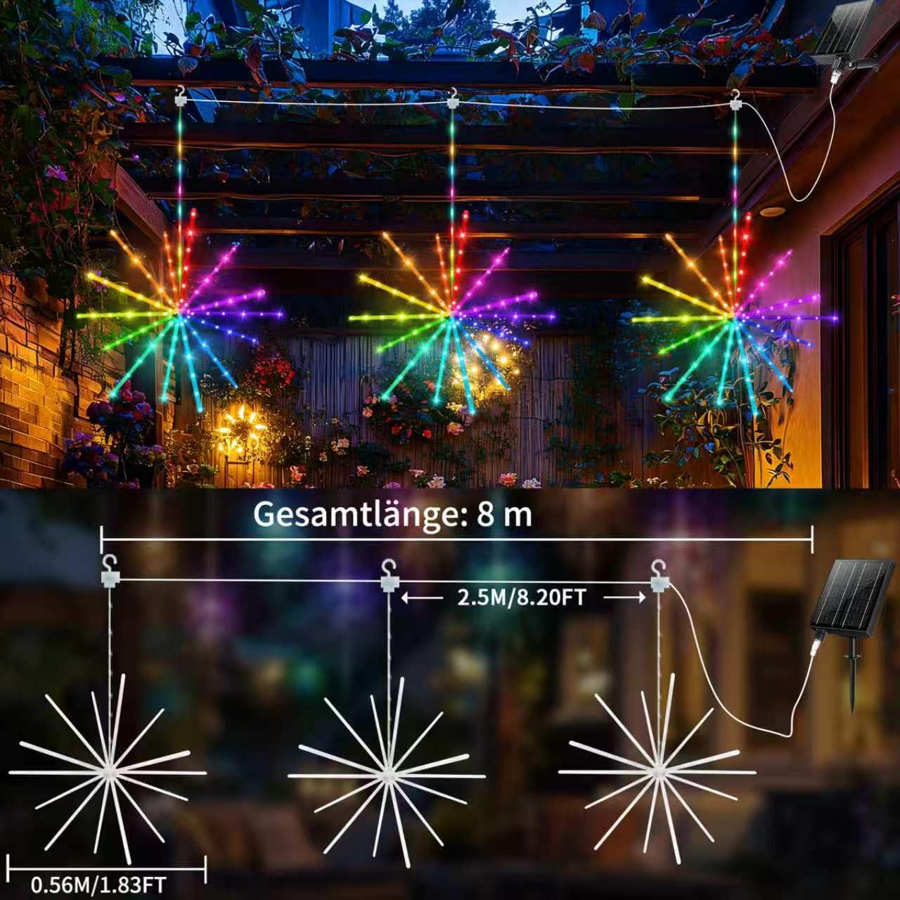 RJED16RGB Plug Hängelichter, 3 Stücke 386 LED Feuerwerkslichter für Außen, IP65 Wasserdicht, 8 Modi und Timer, für Terrasse, Hof und Balkon 1