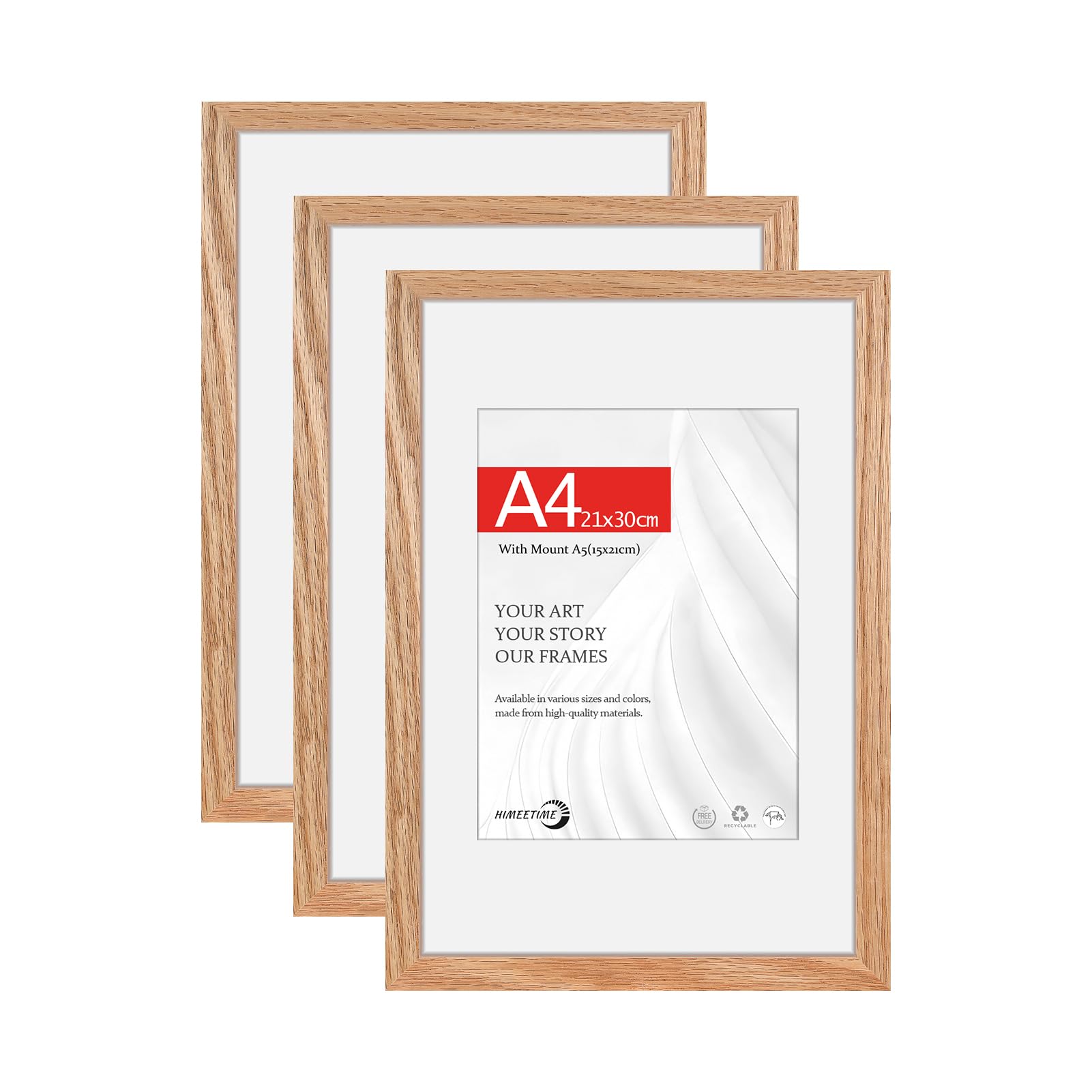 HIMEETIMEĀ® 3x Picture Frames A4 21x30 cm,Made of Solid OAK Wood,Natural Oak Wood Frame | Display A5 (15x21 cm) Picture with Passepartout | for Wall Hangings or Table Decoration