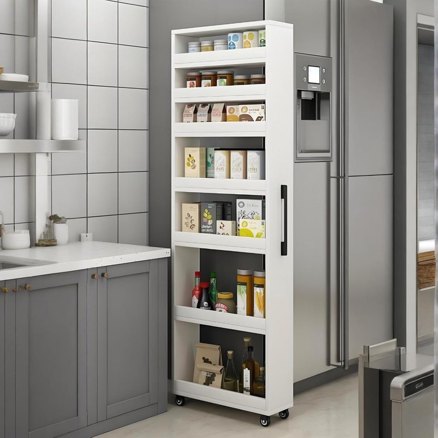 7 Tier Standing-Shelf with Wheels, 5.9/7.9/9.8'', Wooden Slim Storage Cart, Thickened Plate, Scratch-Resistant and Wear-Resistant, for Home, Kitchen, Bakers, Closet, Pantry, Dining Room