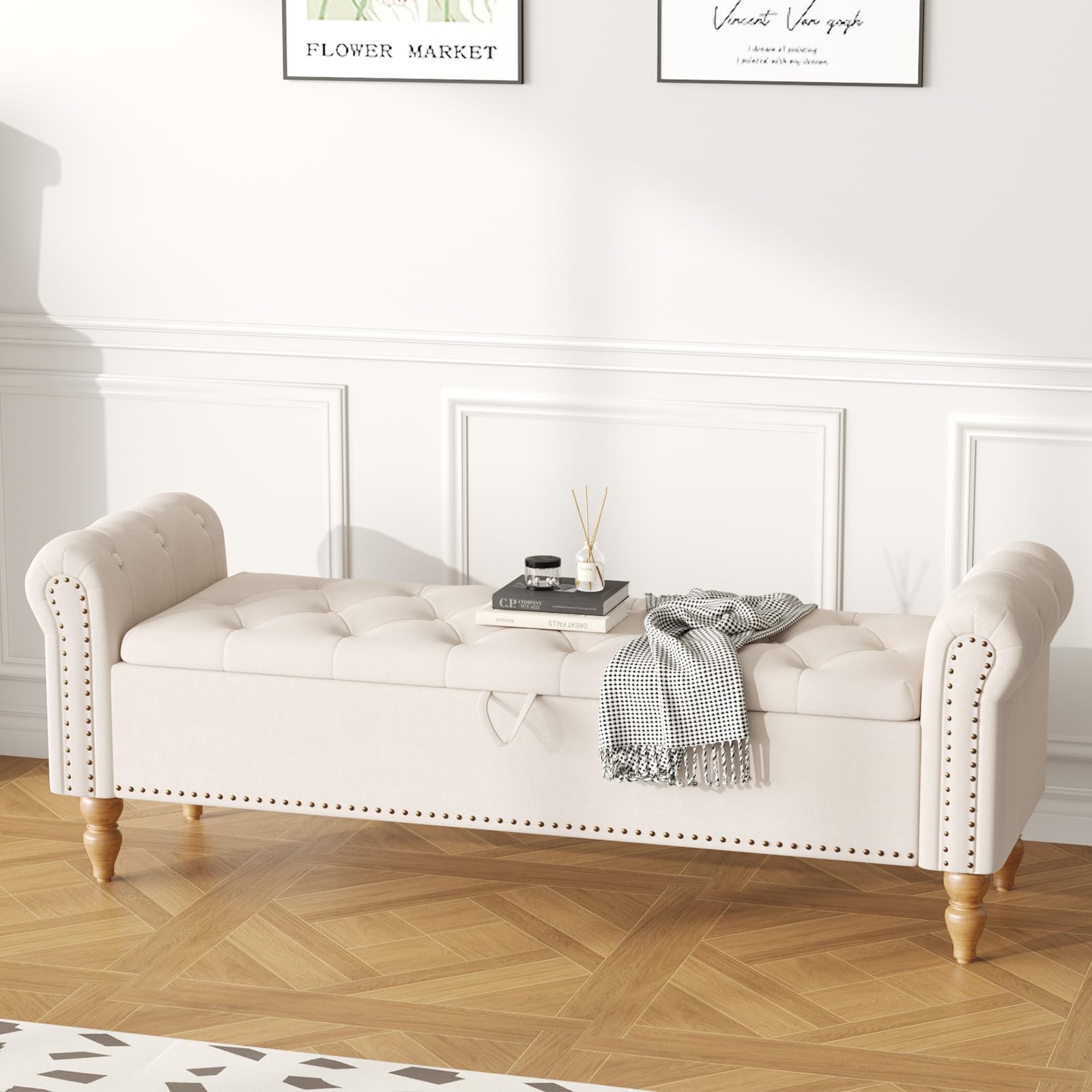 Ckaff Panca Fondo Letto Matrimoniale 160cm, Panca Contenitore Camera da Letto in Lino, Cassapanca Pouf Organizzatore con Braccioli Arrotolati per Camera da Letto Soggiorno Ingresso, Beige