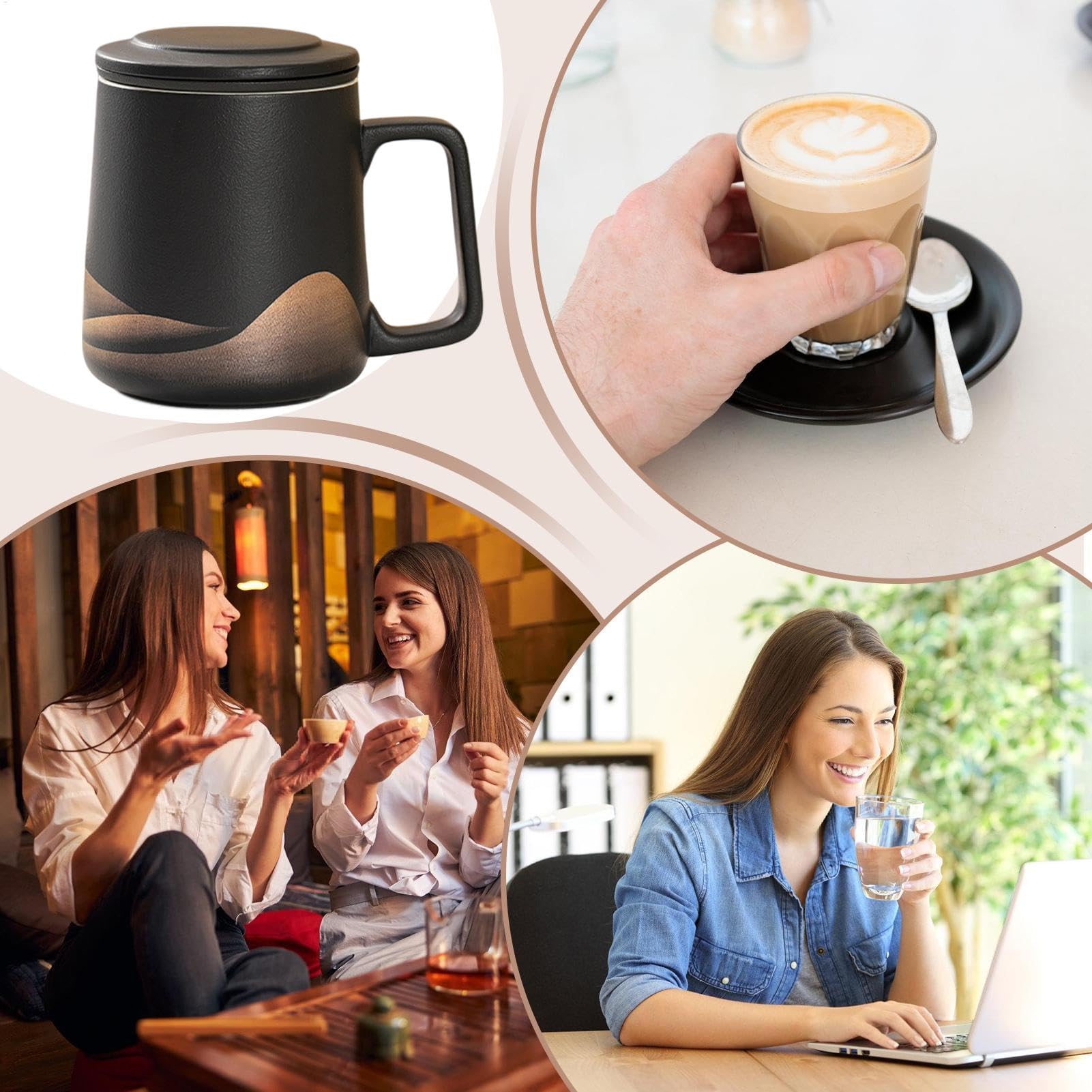 Taza de té de 360 ml, infusor de té pintado a mano, de té de esmalte negro, taza grande para bebidas frías y calientes, hervidor de cerámica artística con infusor y tapa para oficinas y hogar