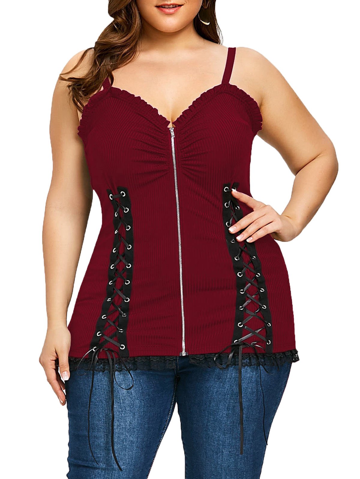 Nihsatin Women's Plus Size Lace up Ribbed Tops Casual T-Shirts Gothic Corset Top