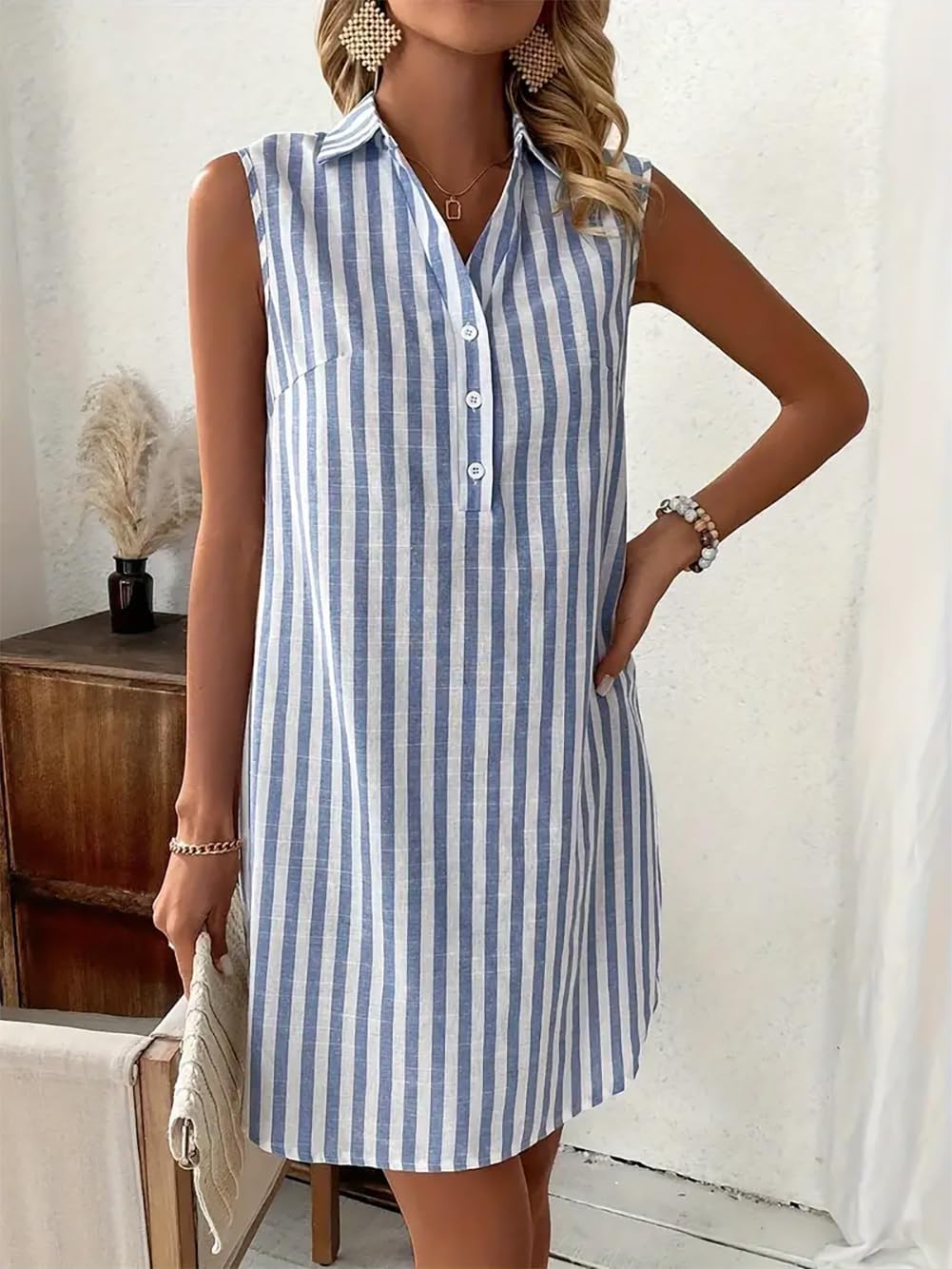 YUTILA Abito estivo da donna, senza maniche, 100% cotone, a righe, arioso, lunghezza al ginocchio, per il tempo libero, abbottonatura e colletto