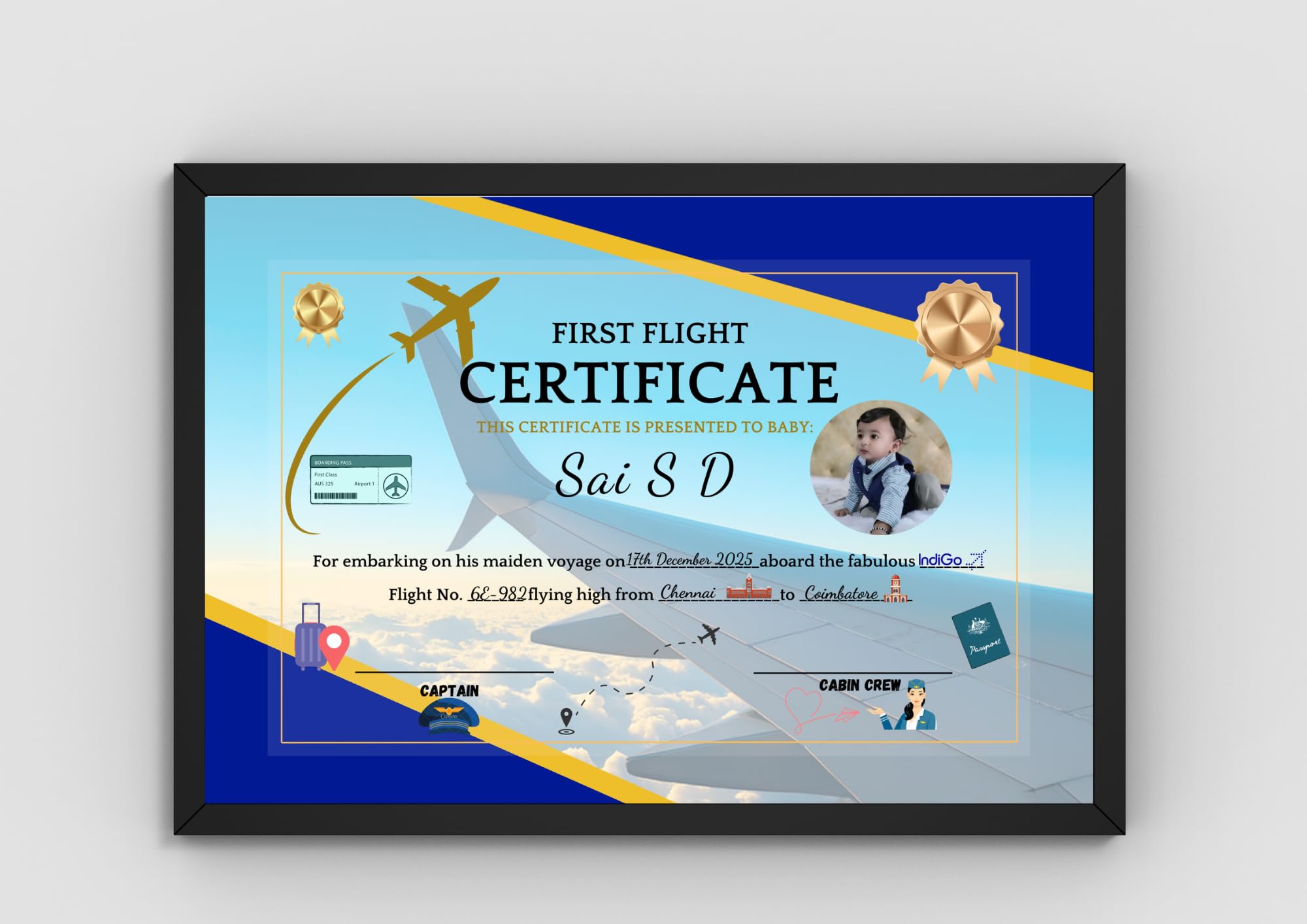 First Flight Certificate for Baby, A4 Size Frame Card, Premium Glossy Print, Customisable Keepsake (with Wing Background Blue)-image-15