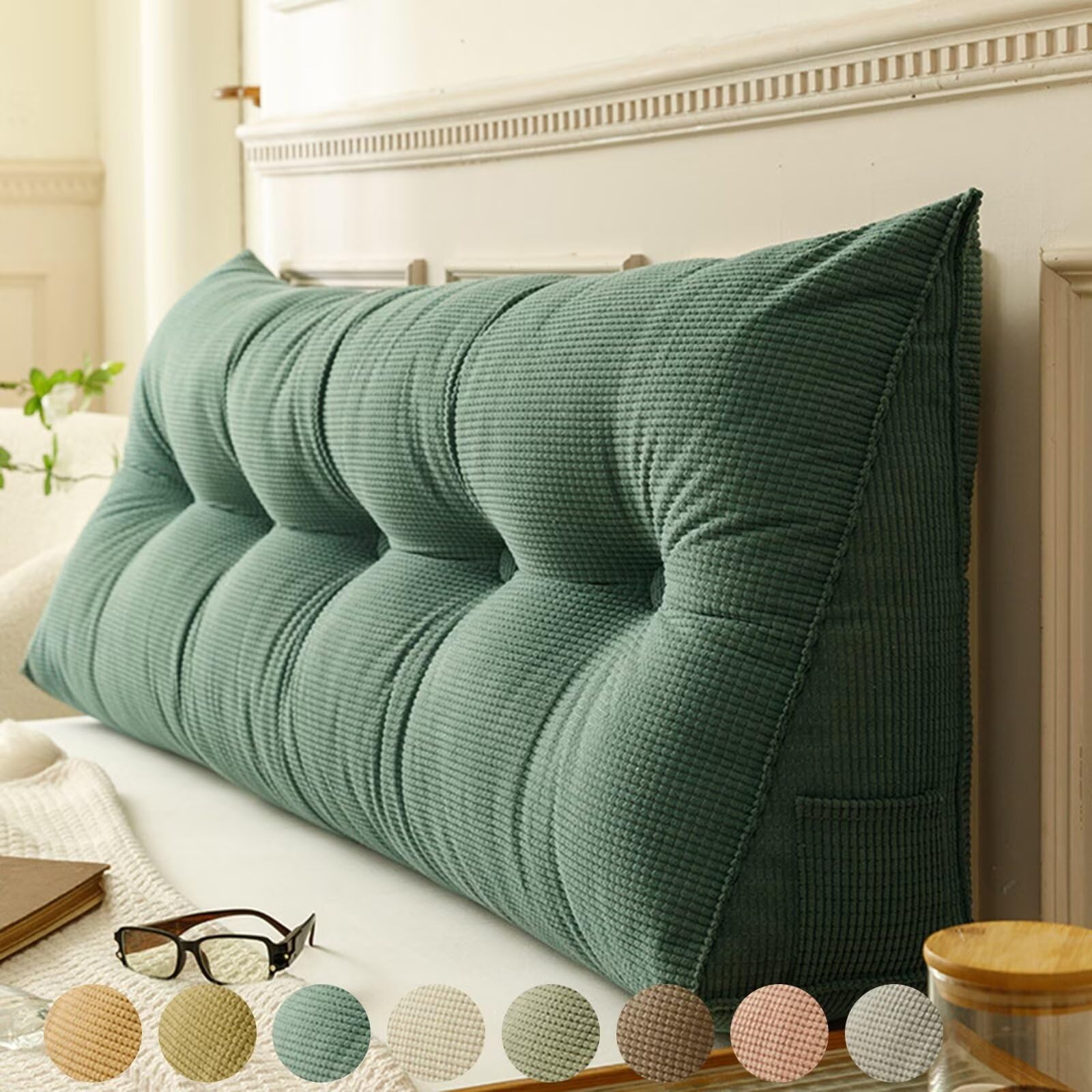 Rückenkissen Bett Grün 60cm, Groß Lesekissen für Bett und Sofa, Cord Bettkissen Rückenlehne Rückenpolster Keil Kopfteil Kissen, Dreieckige Rückenstützkissen Keilkissen Lendenkissen Kopfkissen Küche, Haushalt & Wohnen