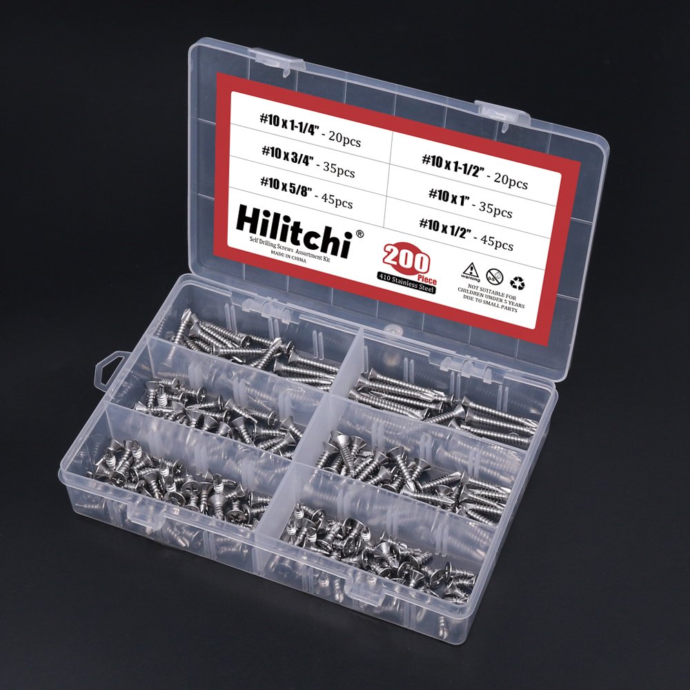 350-Piece Self Drilling Screws Assortment – #8 #10 #14, 410 Stainless Steel, Hex Washer Head, 1/2" To 2"