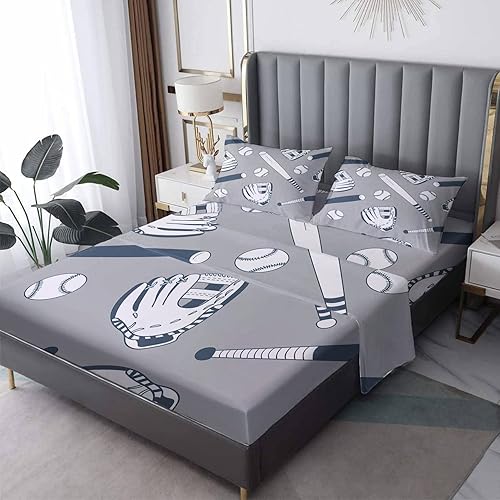 NOGAWA Sábanas de béisbol tamaño King dividido, sábanas de guantes deportivos, sábanas y fundas de almohada estampadas, juego de 5 piezas,