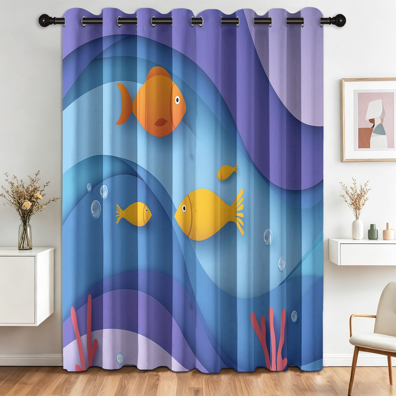 Rideaux Occultants Animaux Marins 91.5x214 Isolation Thermique Salon | Rideau Cartoon Réduction Bruit