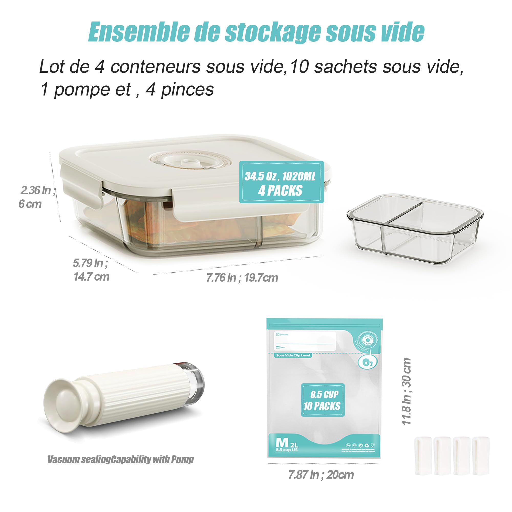 Set di 4 Contenitori Alimentari Ermetici in Vetro con Pompa a Vuoto - Indicatore di Data Integrato - Senza BPA, Anti-Odore - Per Forno, Microonde, Lavastoviglie e Congelatore (L)