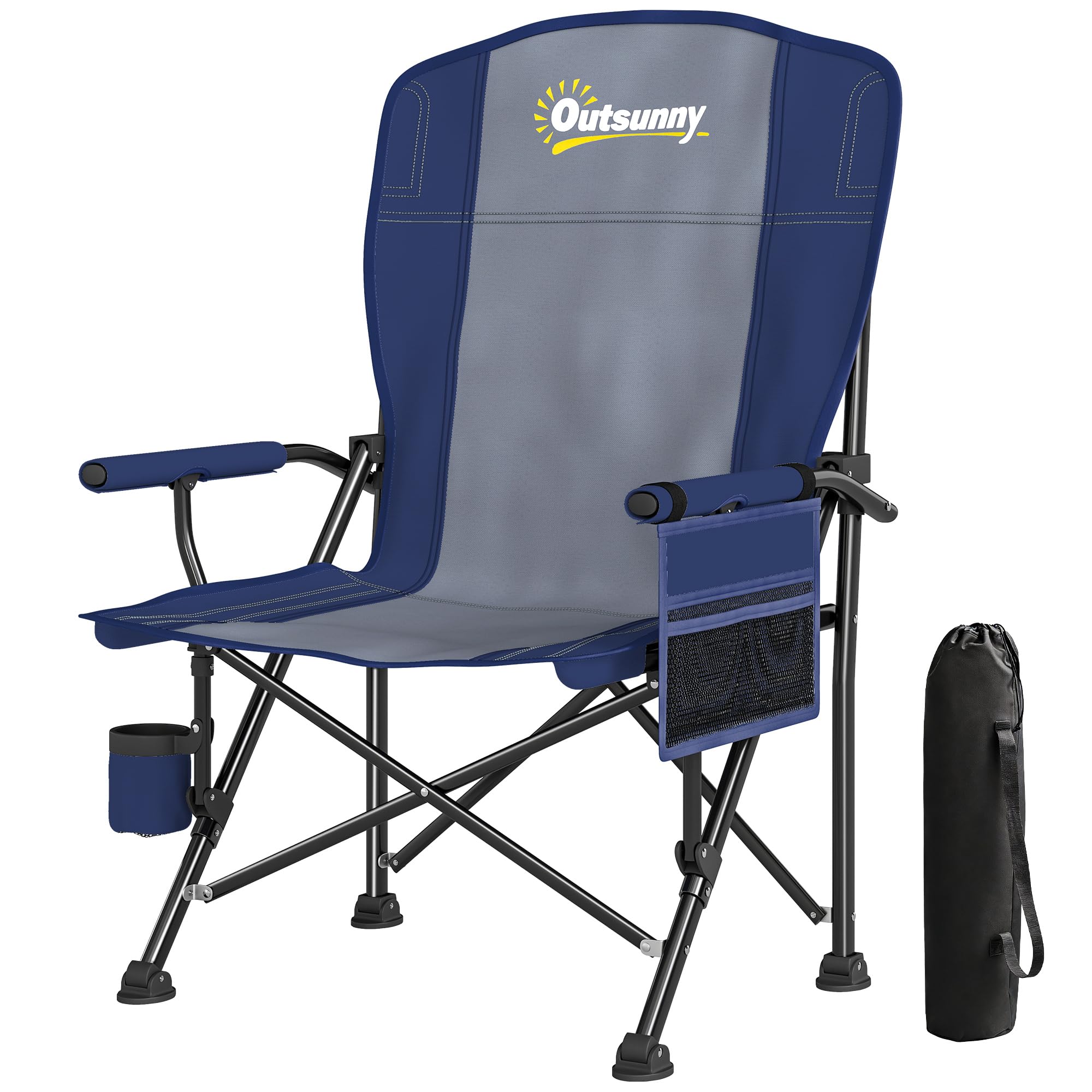 Outsunny Padded Camping Chair for Adults, Portable Folding Camping Chair with Side Pockets, Cup Holders and Carry Bag, Outdoor Seat for Garden, Fishing and Sports, Dark Blue