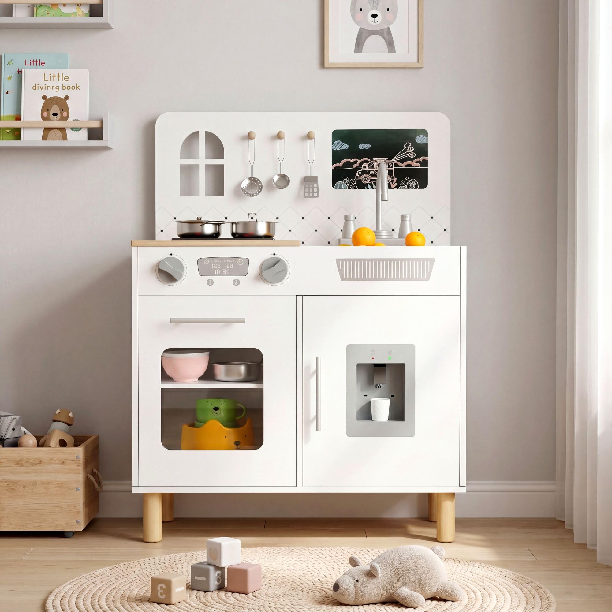 MAMIZO Wooden Play Kitchen for Kids, Toy Kitchen with Realistic Light & Sound, Interactive Kids Kitchen with 5 Pcs Cookware, Oven, Water Dispenser, Storage Cabinets & Chalkboard for Ages 3+ (White)