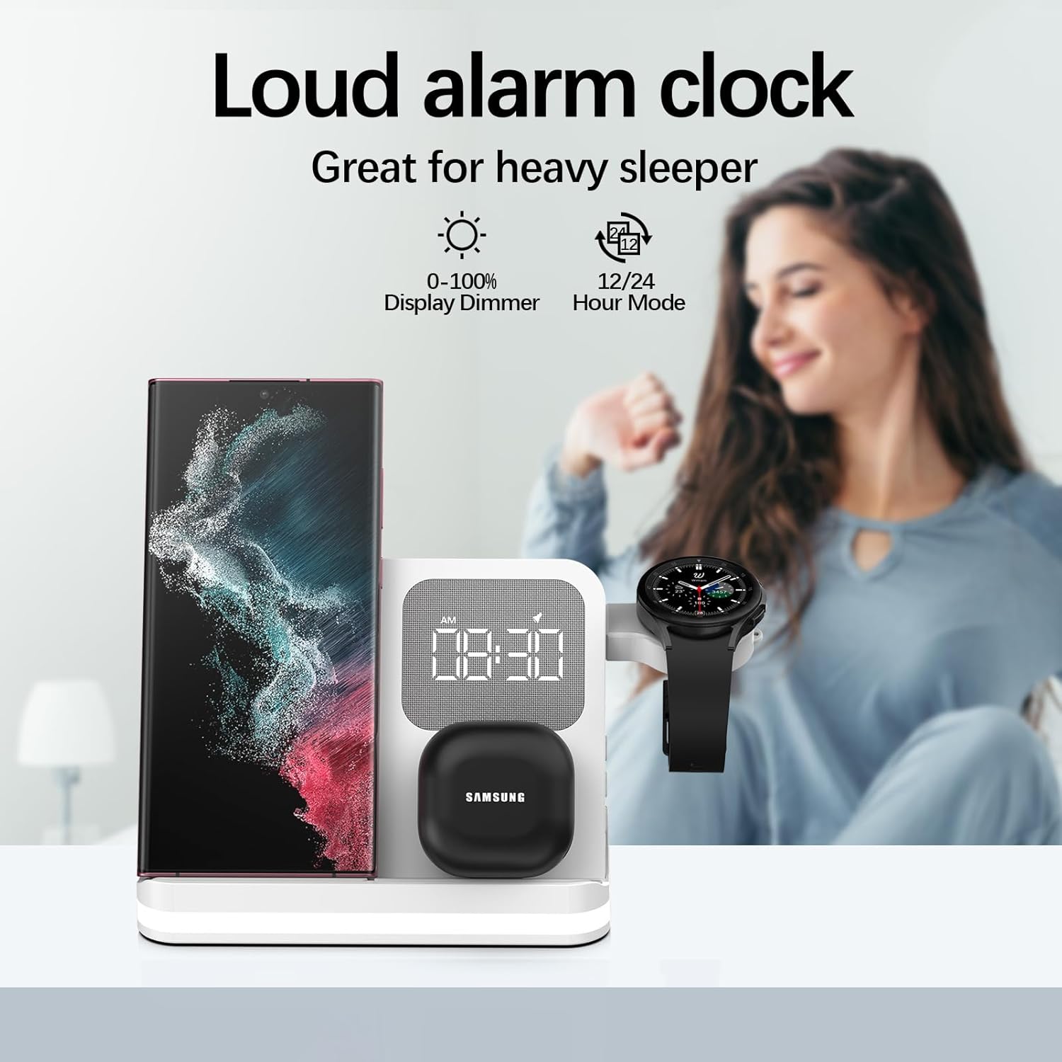 Digital Alarm Clock 3 in 1 Multifunctional Wireless Charger Compatible with Huawei/iPhone/Samsung Phone/Watch/Earphone Fast and Safe Charging with LED Night Light (Black)