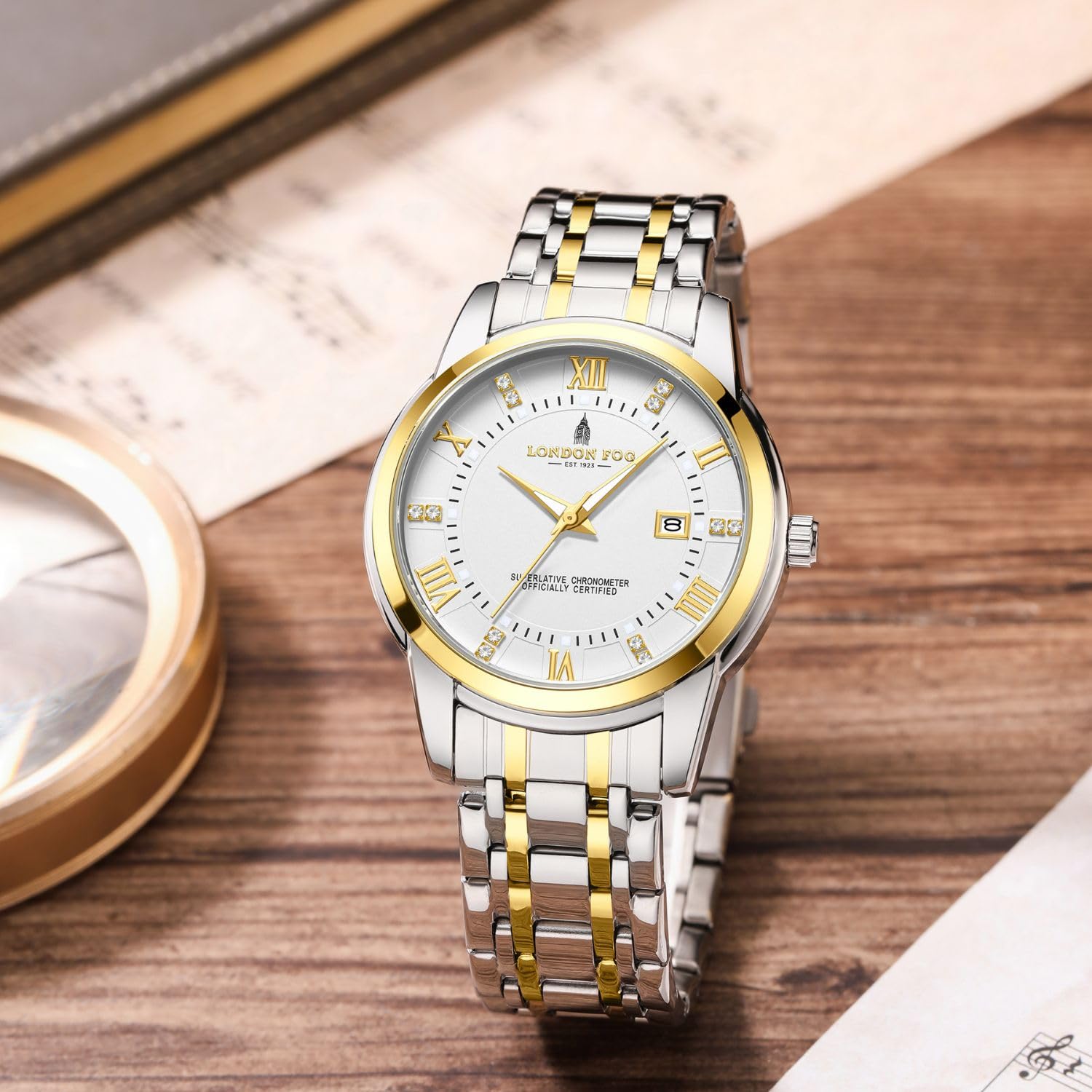London Fog Regent Collection Analog Quartz Watch for Men with White Dial and Two Tone Silver Gold Stainless Steel Strap, Metal Case, Date Display, Luminous Hands & Hour Markers, Water Resistant 1