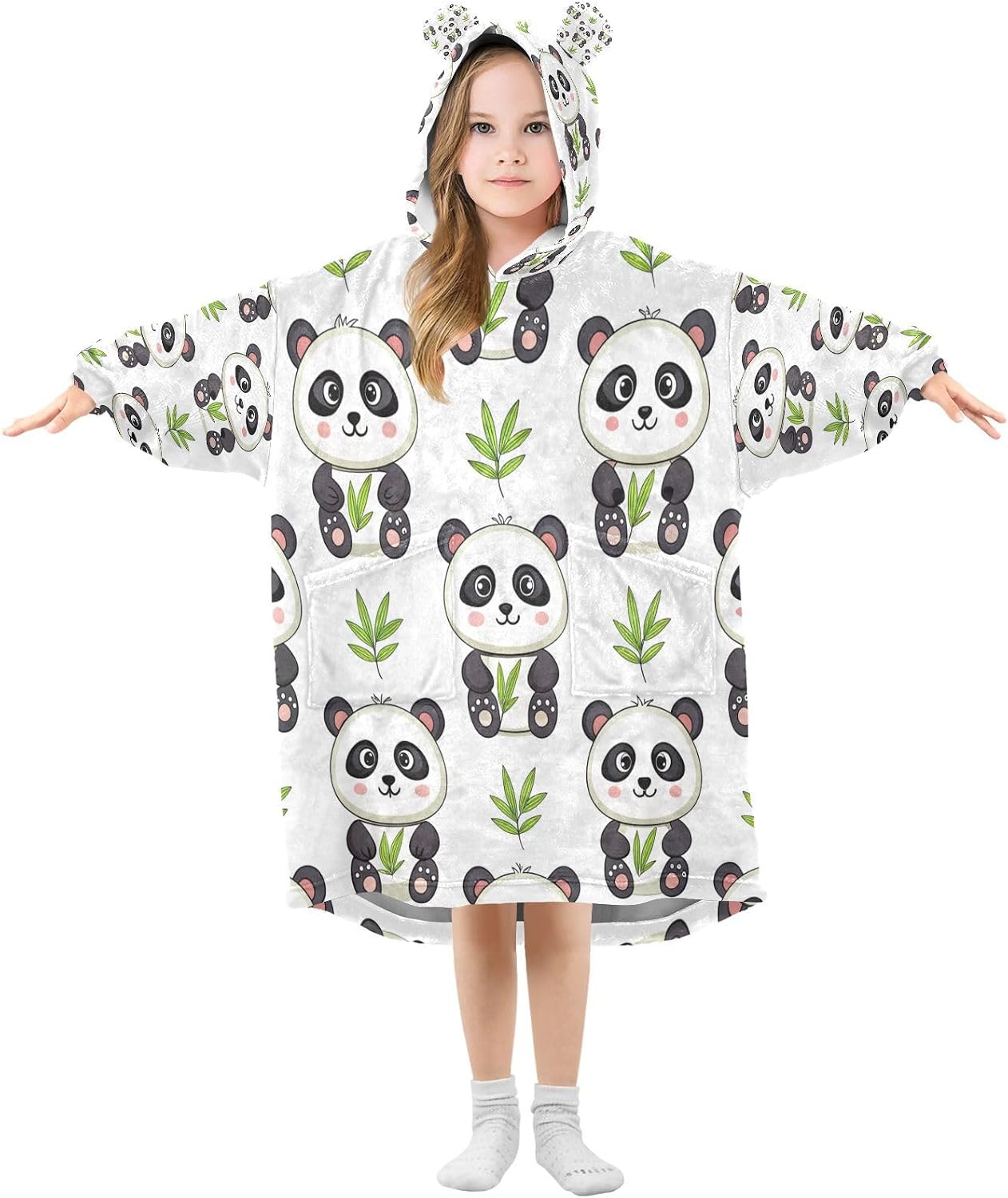 Kigai Cute Panda Wearable Blanket Hoodie for Kids Oversized Hooded Blanket Warm & Cozy Sweatshirt with Pockets