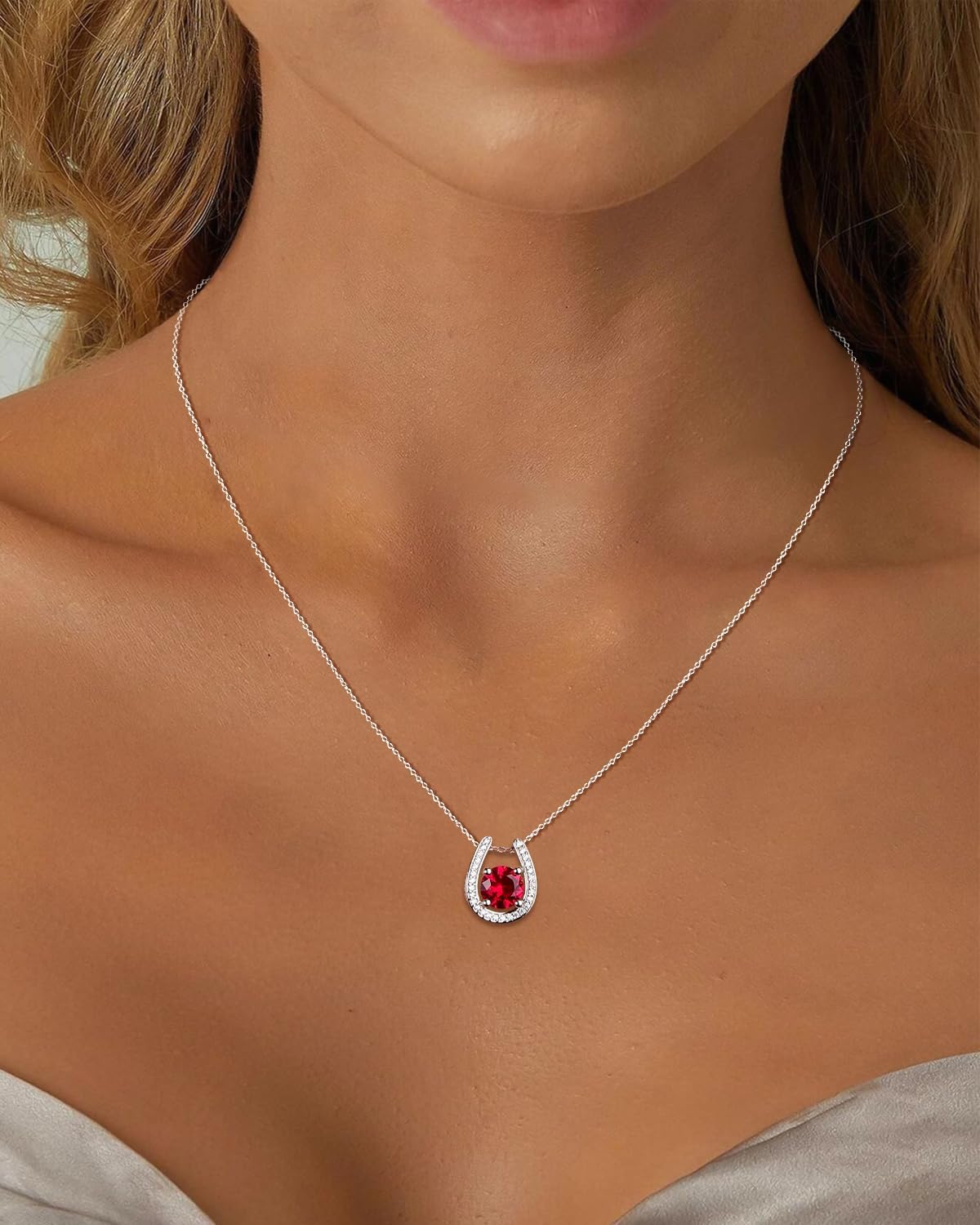 Sterling Silver Birthstone Horseshoe Necklace for Women Good Luck Pendant Necklace Jewelry for Birthday Wedding(with Gift Box) - Image 5