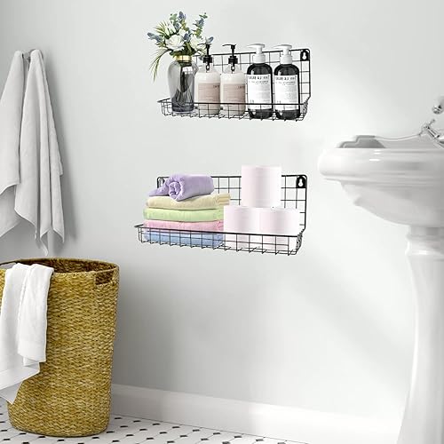 Miniatura 7 de 2 cestas colgantes de alambre de pared, estante organizador de estante de ducha, estante montado en la pared para cocina, baño, organizadores de