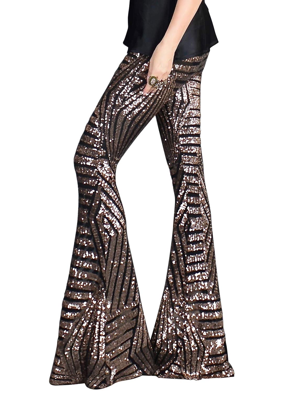 BLENCOT Womens Glitter Sequin Wide Leg Palazzo Pants High Waist Bell Bottoms Party Flared Trousers
