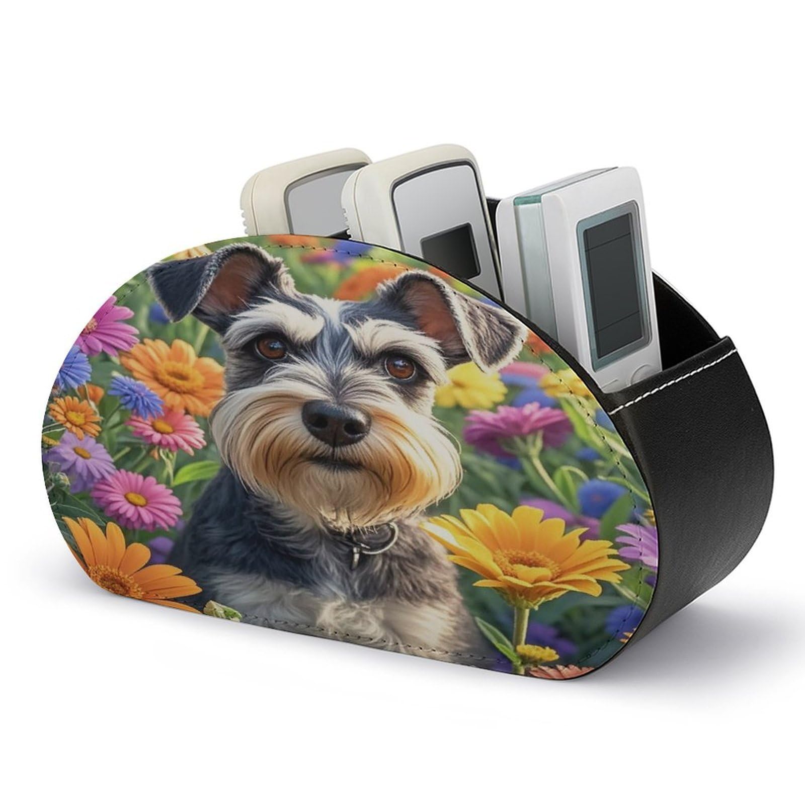 FekiLoot Leather TV Remote Control Holder with 5 Compartments Multifunctional TV Remote Holder Bedside Table Remote Caddy Storage Box Schnauzer Remote Organizer for Home Office