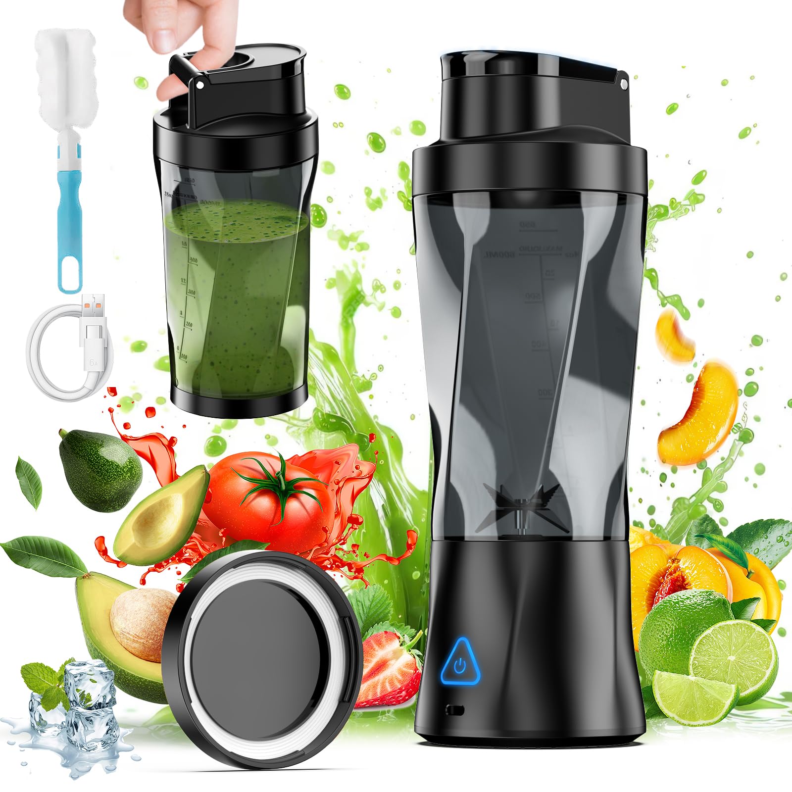 Portable Smoothie Blender 650 ML With 6000mAh Battery, 6 Blades, Food Processor and Travel Lid for Office, Gym, Kitchen