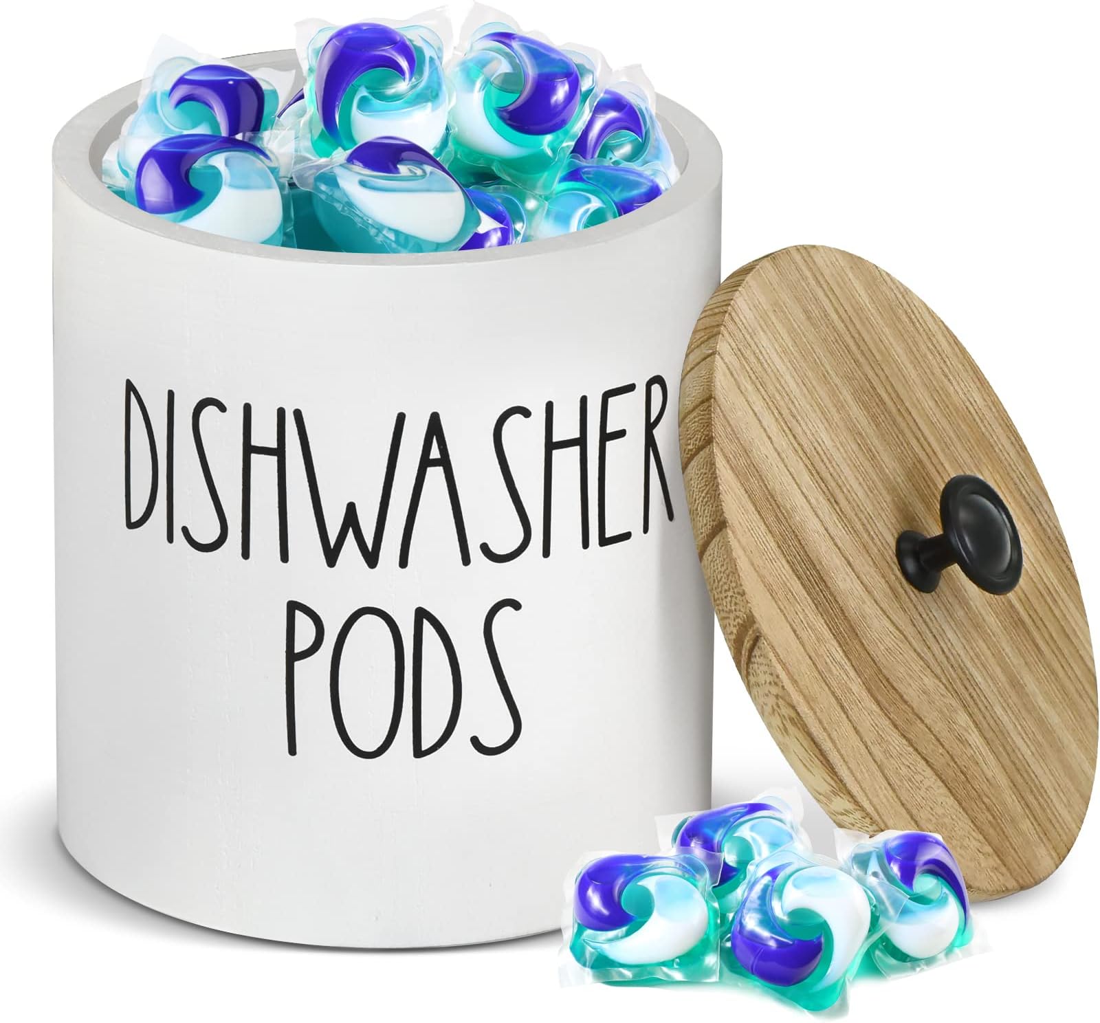 Anwelynd Rustic Round Dishwasher Pod Holder, Dishwasher Tablet Container for Kitchen Decor and Accessories, Wood Laundry Detergent Pods Container with Lid Laundry Detergent Storage