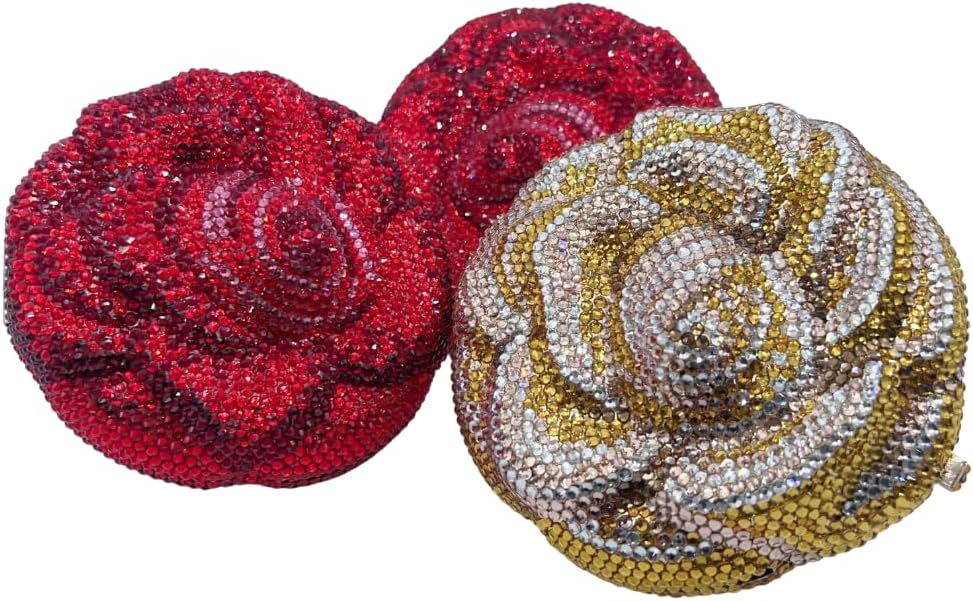 Sparkly Crystal Clutch Purse for Women Round Rose Flower Evening Bag Formal Rhinestone Handbags Wedding Purse