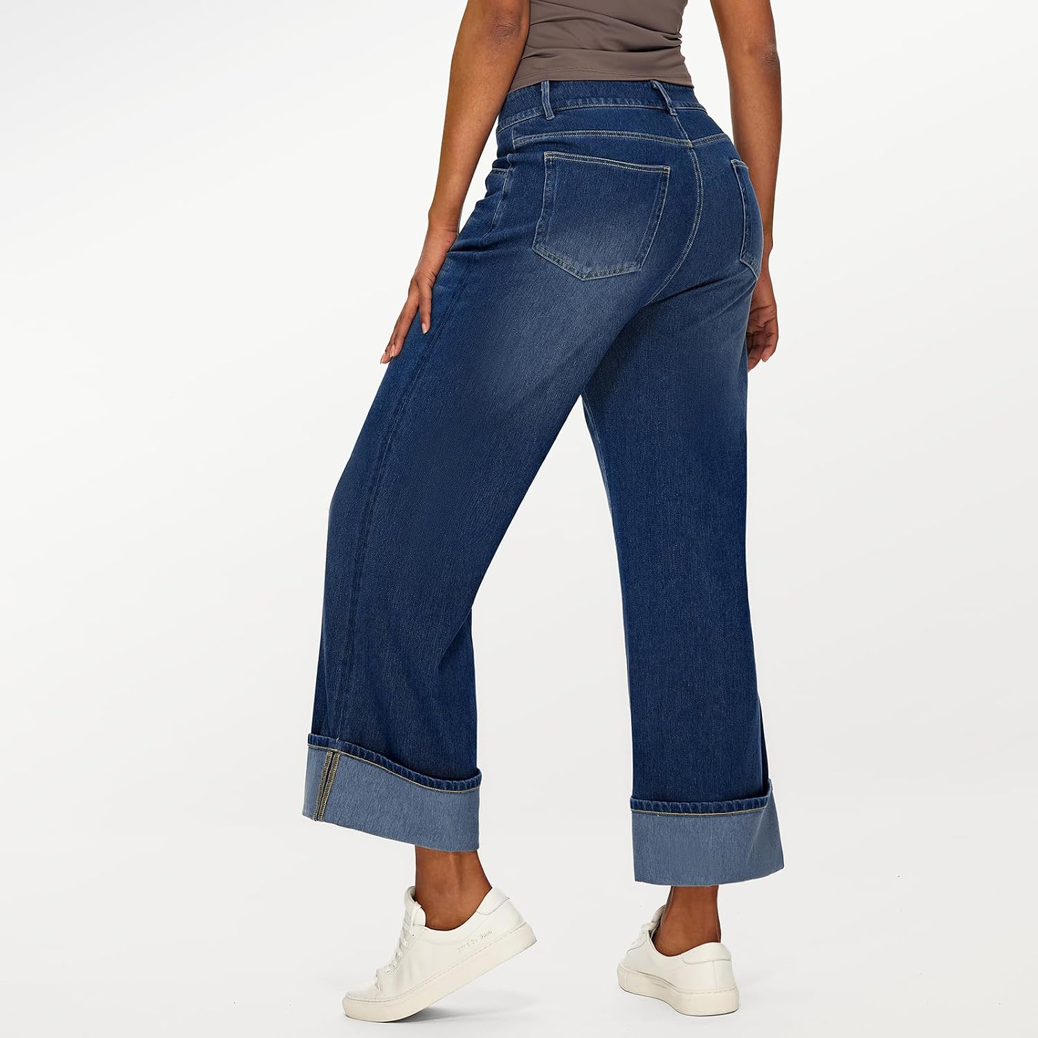 Fanica Womens High Waisted Wide Leg Jeans - Trendy Stretchy Cropped Straight Baggy Denim Pants with Cuffed Hem