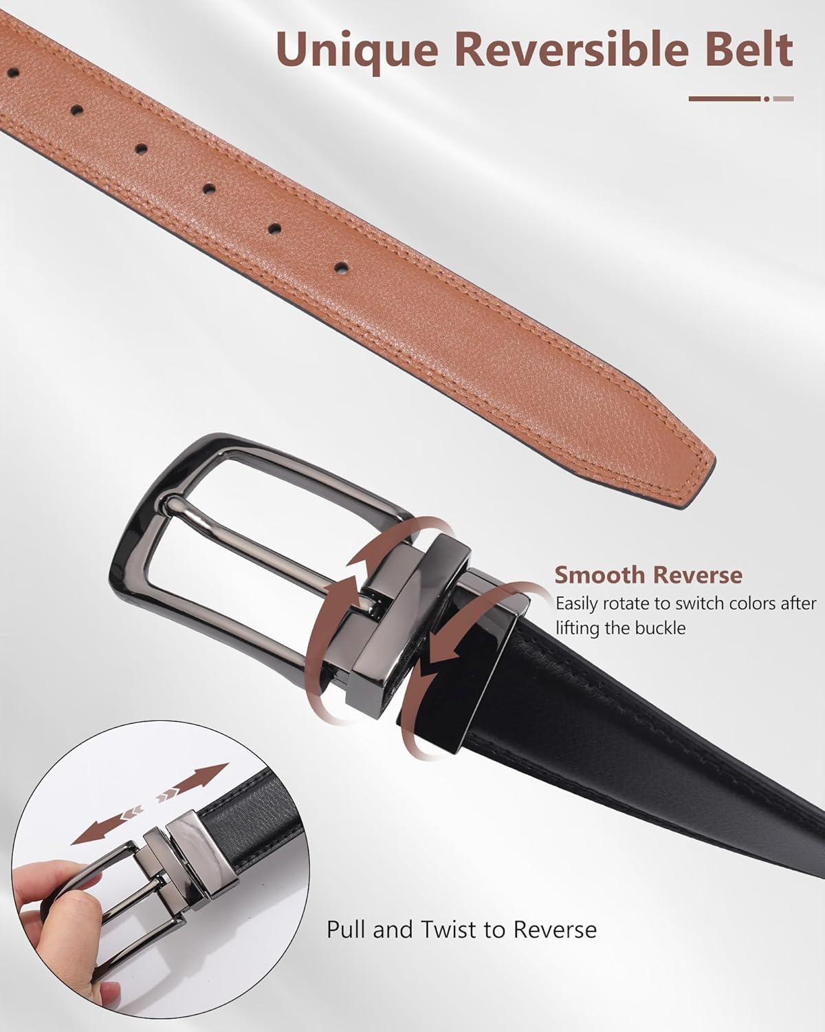 AWAYTR Men Reversible Leather Belt - 1.33'' Wide Genuine Leather Dress Belt for Casual and Business Wear - Image 3