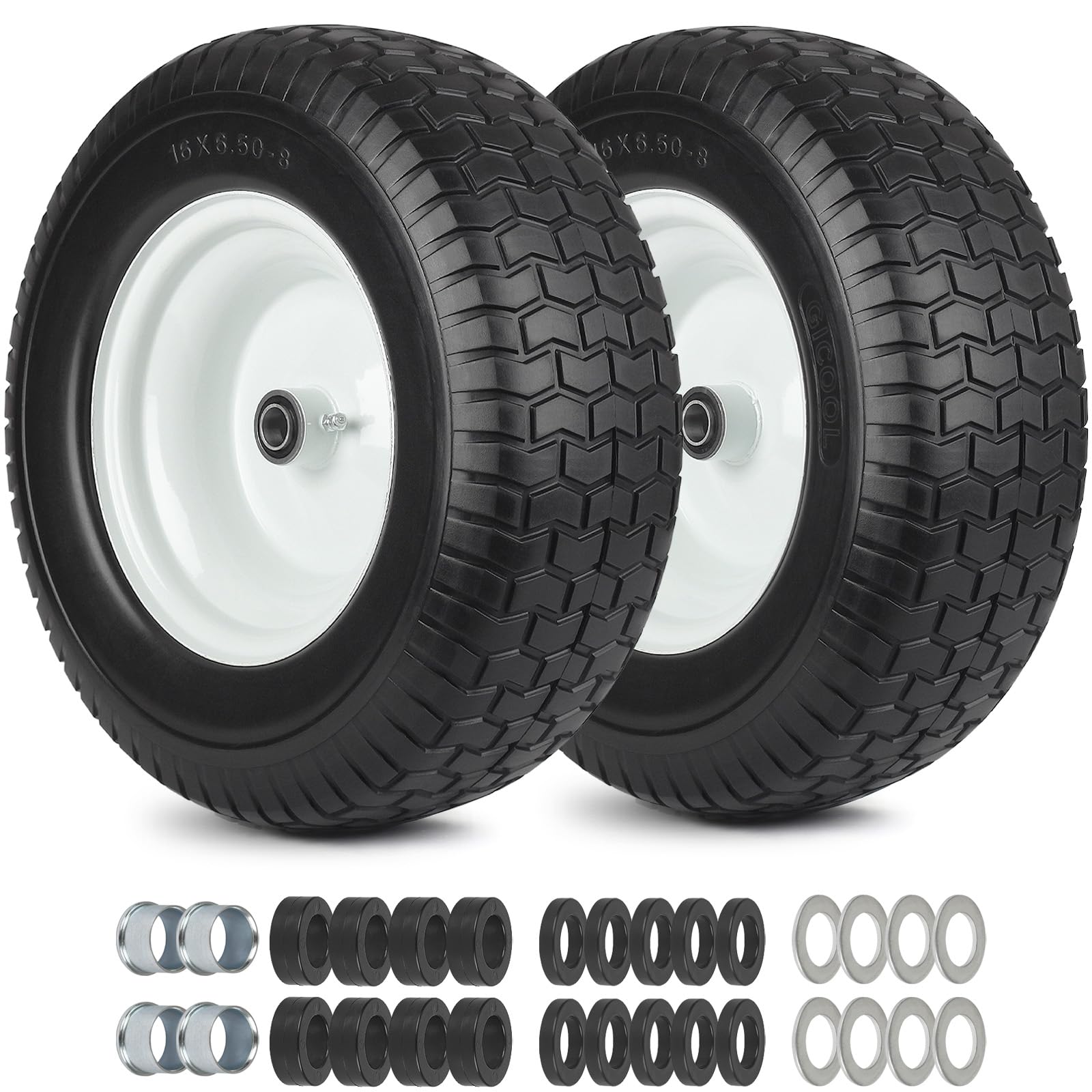 16x6.50-8 Flat Free Riding Lawn Mower Tire and Wheel, 2 Pcs 16x6.5-8nhs Garden Tractor Lawnmower Tyre, with 3/4" & 5/8" Bearing, 3" -4.5" -6" Centered Hub