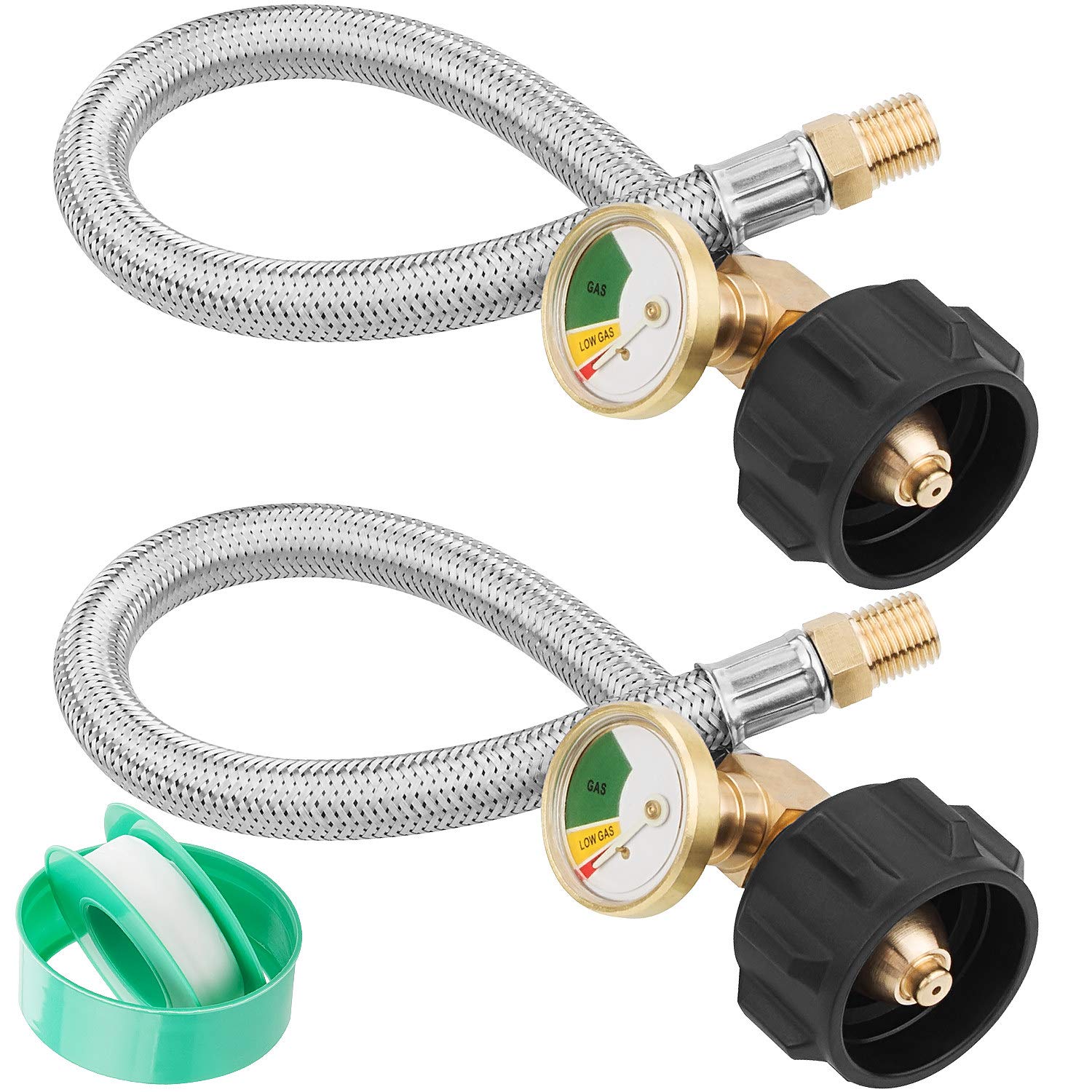 BlueStars 2-Pack 15-Inch Steel RV Pigtail Propane Hose - Male NPT Thread, Includes Gauge